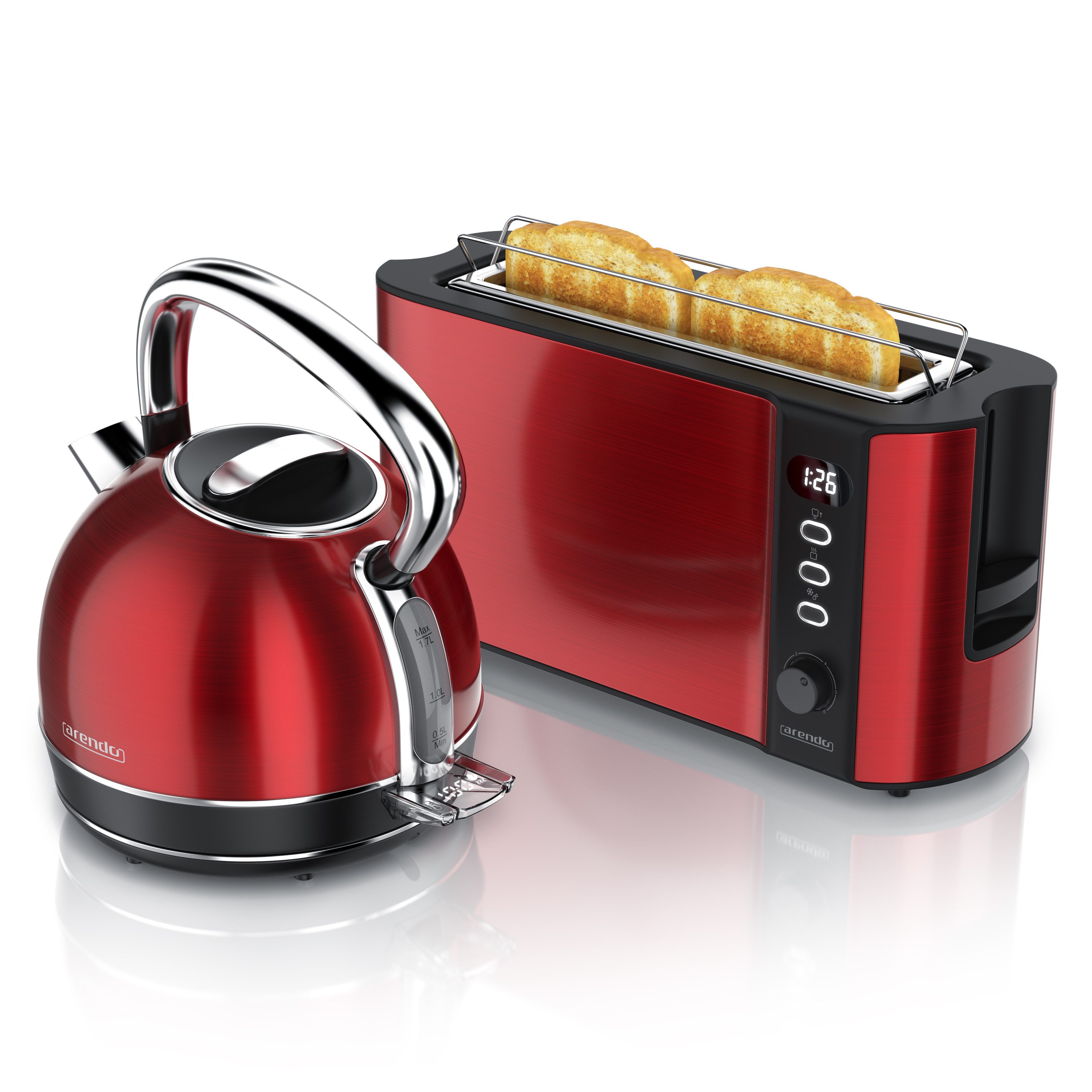 Arendo Wasserkocher Frühstücksset Wasserkocher + Toaster Retro rot, 1,7 l, 2200 W, LED Anzeige mit Touch Panel, Warmhaltefunktion, Zwischenmessung