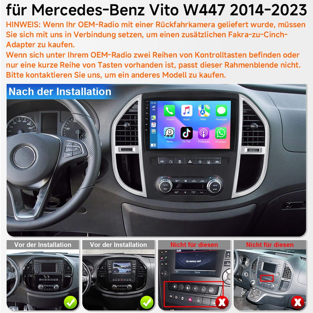 A-Sure 4+64GB Android 15 GPS Navi Carplay Für Mercedes Benz Vito W447 2014-20 Autoradio (Digitalradio (DAB), FM, AM, RDS, 1280*800 IPS Screen/8-Core CPU)