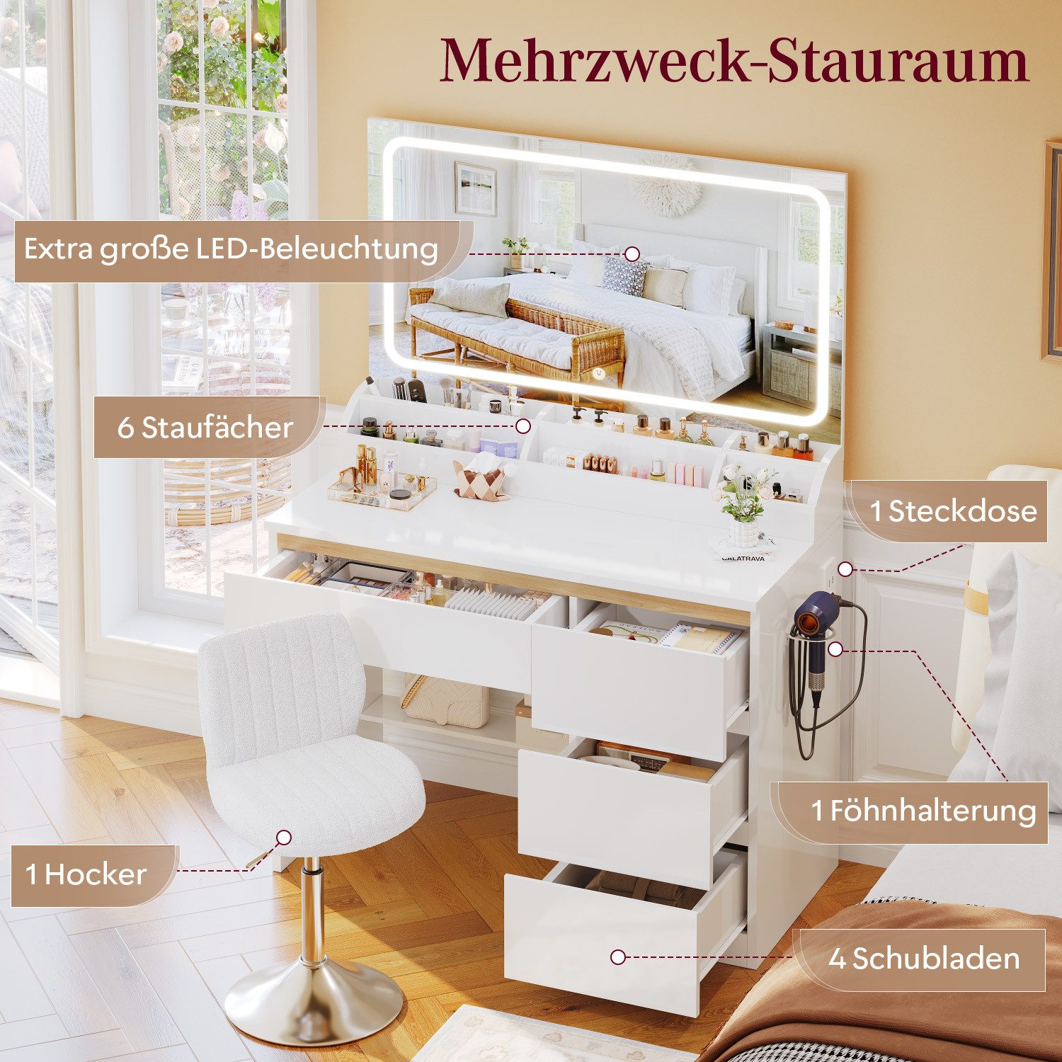 HOMALL Schminktisch Schminktisch mit 80 cm Spiegel und LED-Beleuchtung (Abmessungen: 80 × 40 × 137 cm Mit vier Schubladen und sechs Staufächern Drei einstellbar – Bild 4 von 5