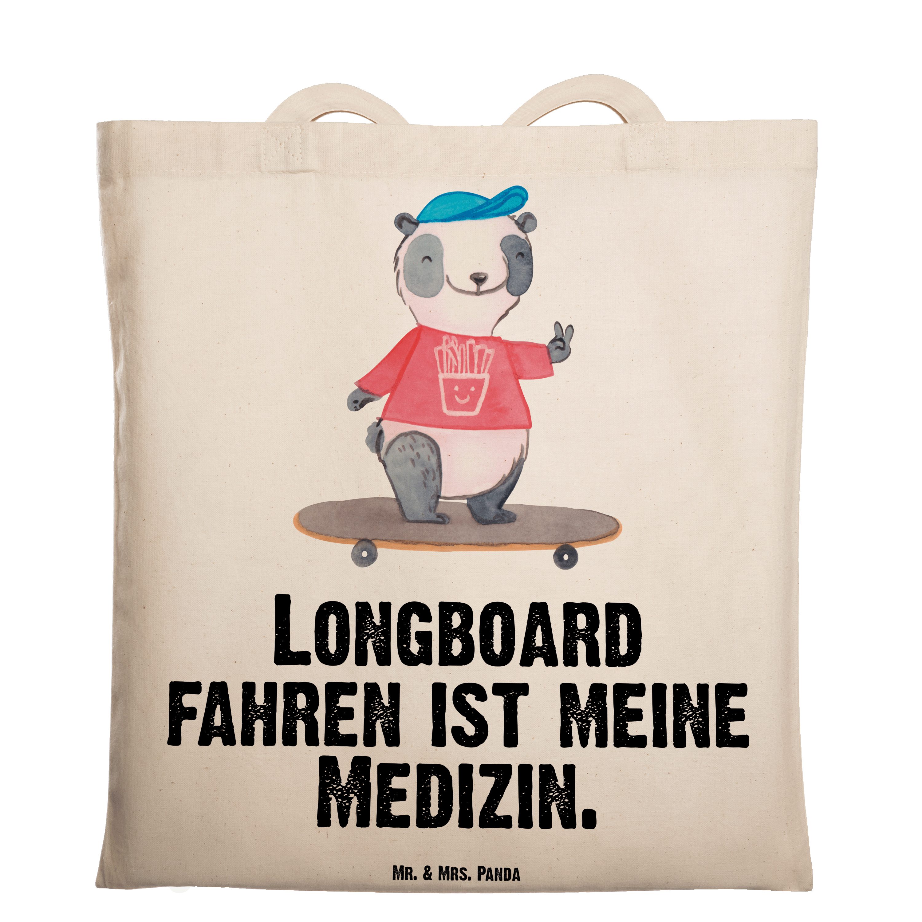Mr. & Mrs. Panda Tragetasche Panda Longboard fahren Medizin - Transparent - Geschenk, Jutebeutel, (1-tlg)