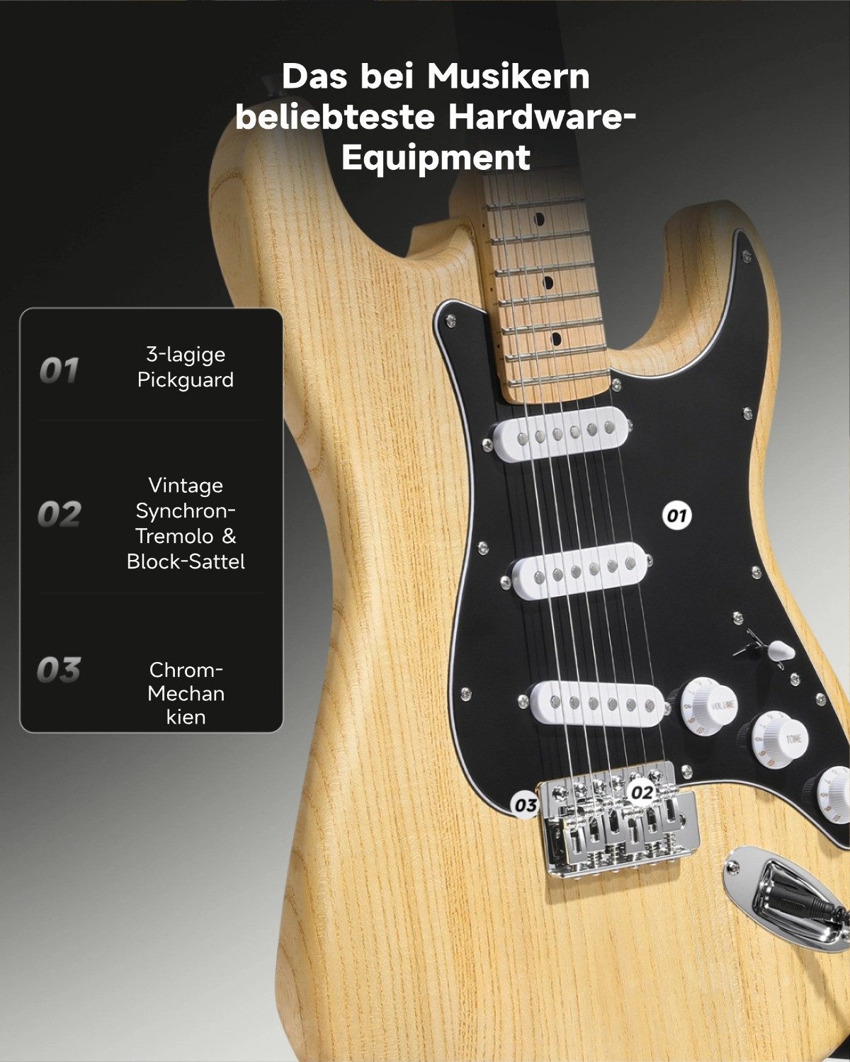 Donner E-Gitarre E-Gitarre Set Holzmaserung SSS-Tonabnehmer Umfassen Verstärker DST-80, Ergonomischem Design, Gig Bag, Stimmgerät, Riemen, Pleks, Kabel, Verstärker