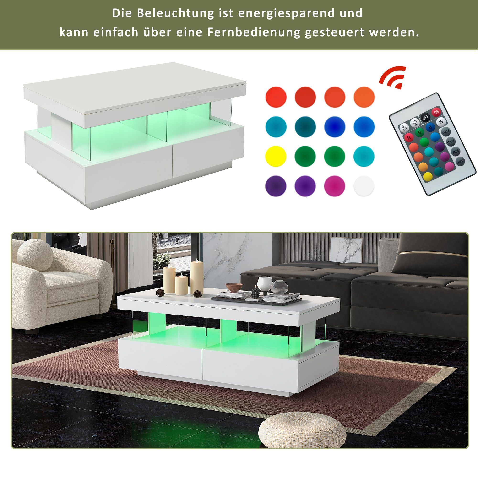 Merax Couchtisch mit LED-Beleuchtung und hochglänzender Tischplatte, Beiste günstig online kaufen