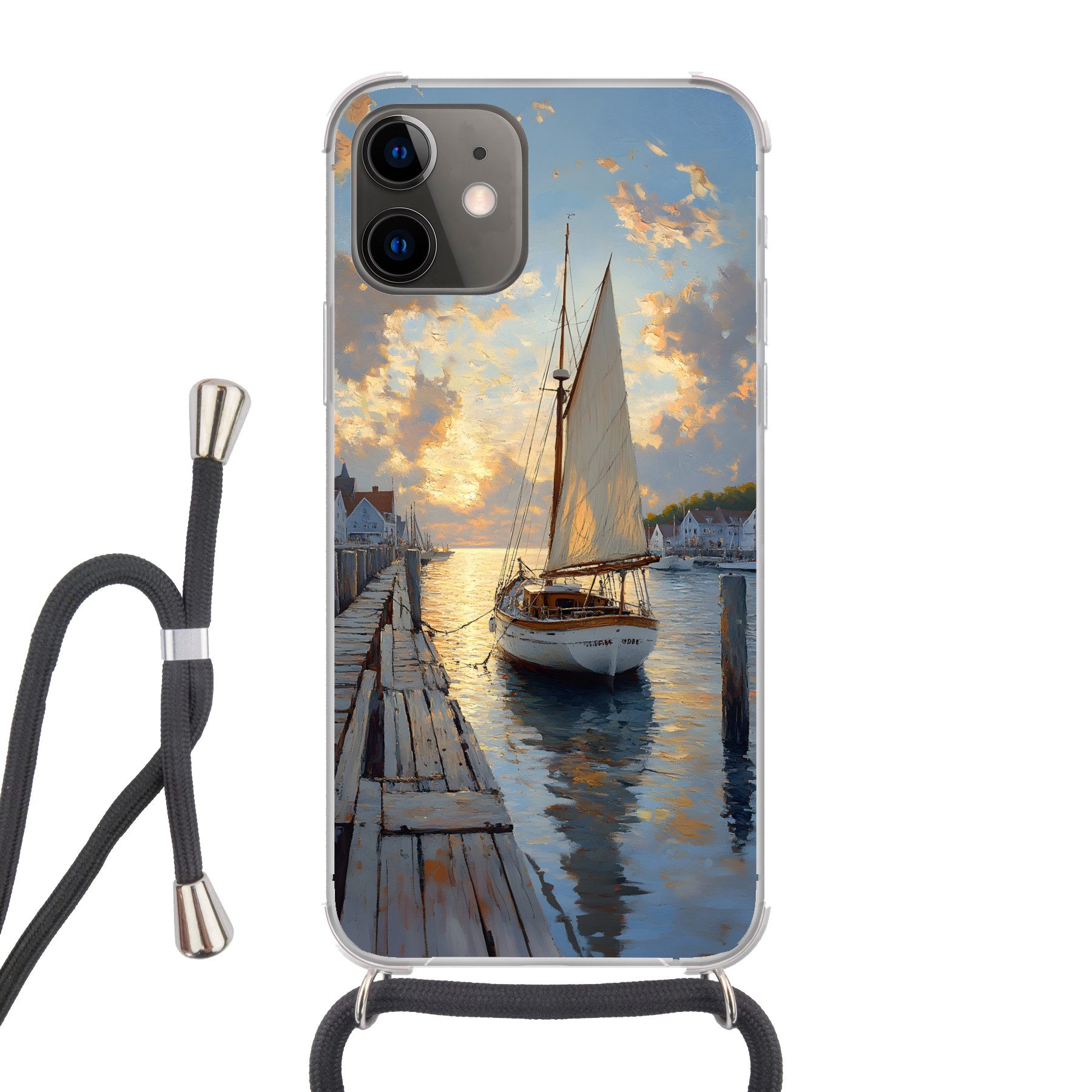 MuchoWow Handyhülle für Apple iPhone 11 Segelboot - Sonne - Pier - Holz, Tragbare Handyhüllen mit Kette zum umhängen, Handykette Handyband