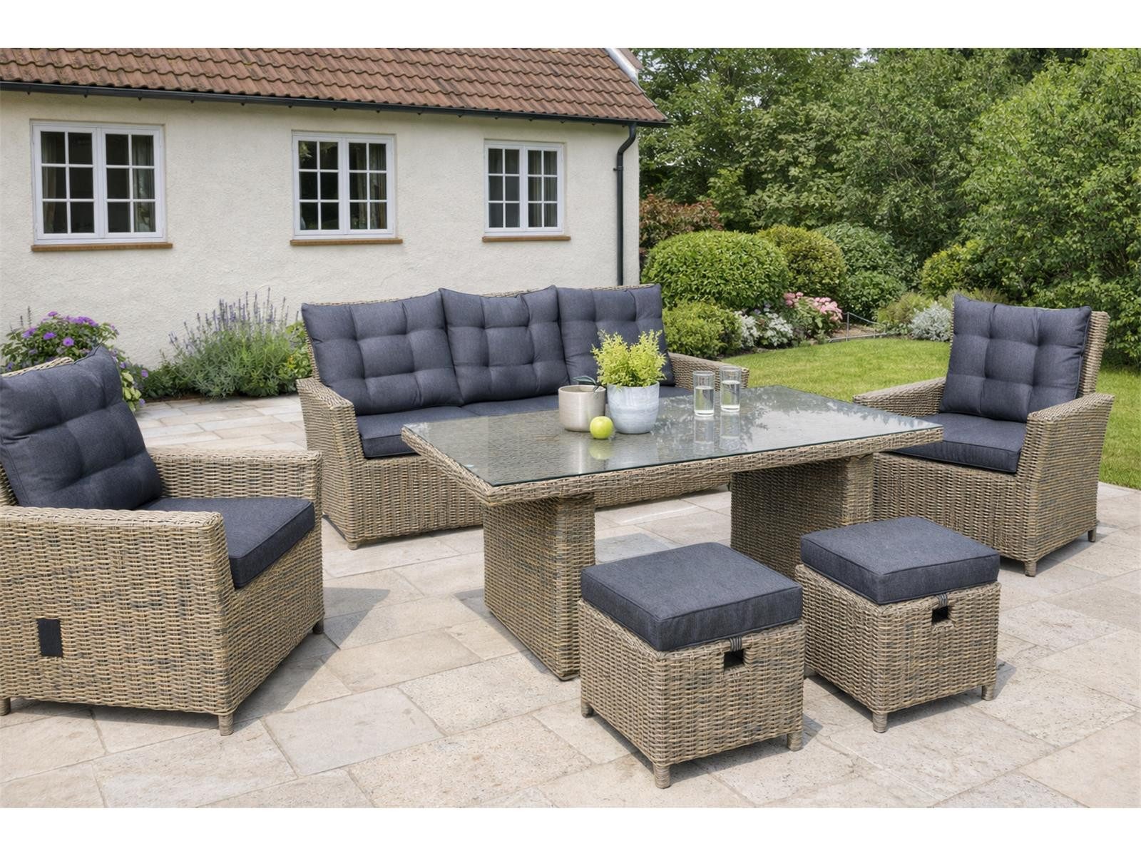 Green Spirit Loungeset Asti Polyrattan Sitzgruppe 7 Personen Dininglounge Set, (Set, 19-tlg., 1x Sofa, 2x Sessel, 2x Hocker, 1x Tisch), Polyrattan, braun, 7 Personen, wetterfest, Garten, Terrasse, Outdoor