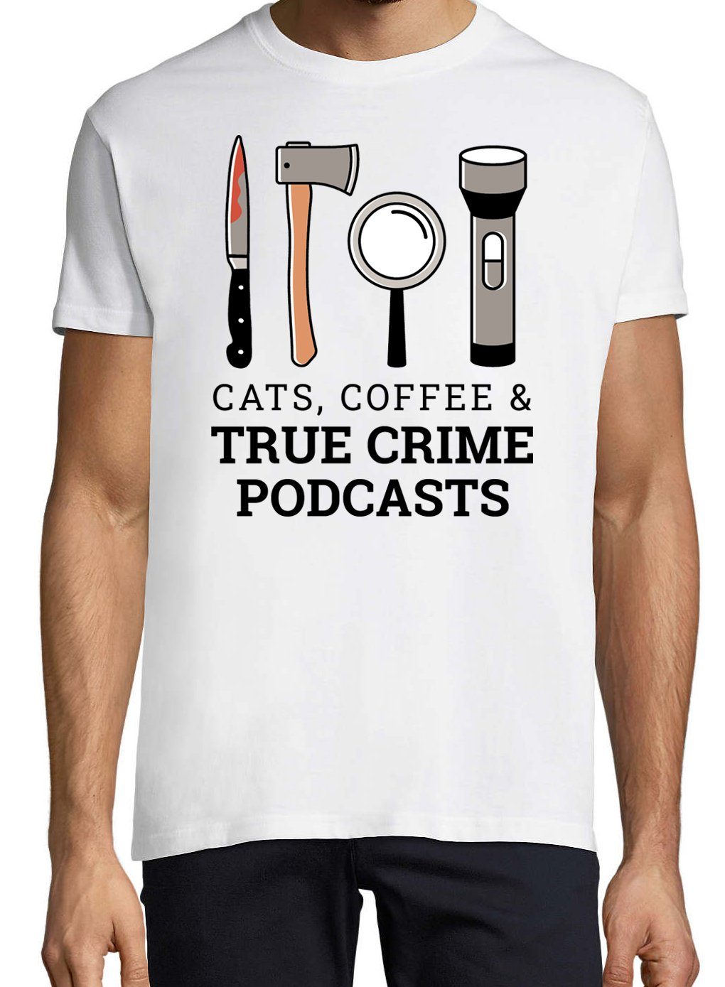 Aufdruck Weiss PODCASTS Youth CRIME Mit Herren COFFEE & CATS T-Shirt Shirt Lustigem Designz TRUE