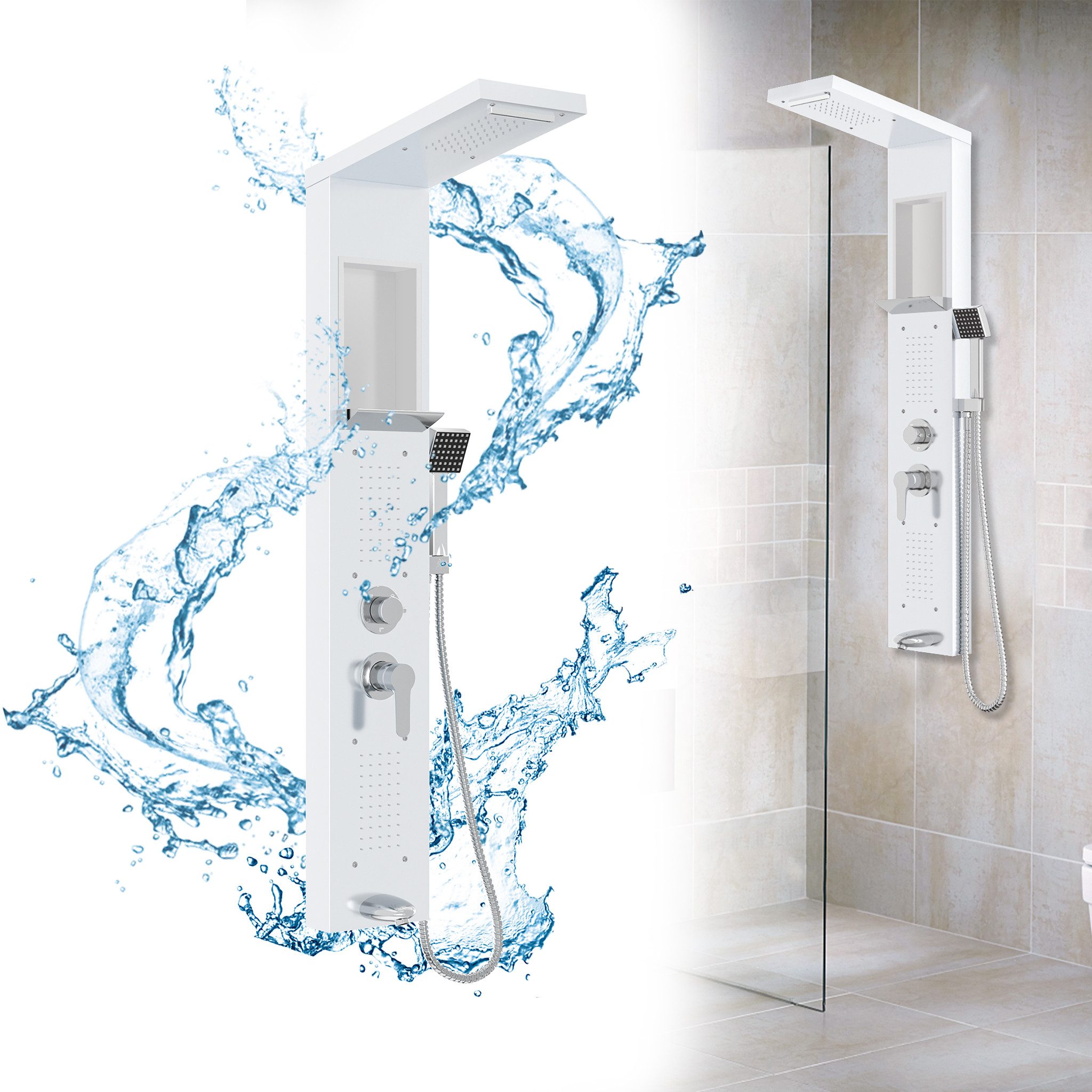 FIVMEN Duschsystem Duschpaneel aus Edelstahl mit Ablage und Armatur Duschsäule Duschset, 5 Duschmodi Massagedusche, Wasserfalldusche, Handbrause Duschset