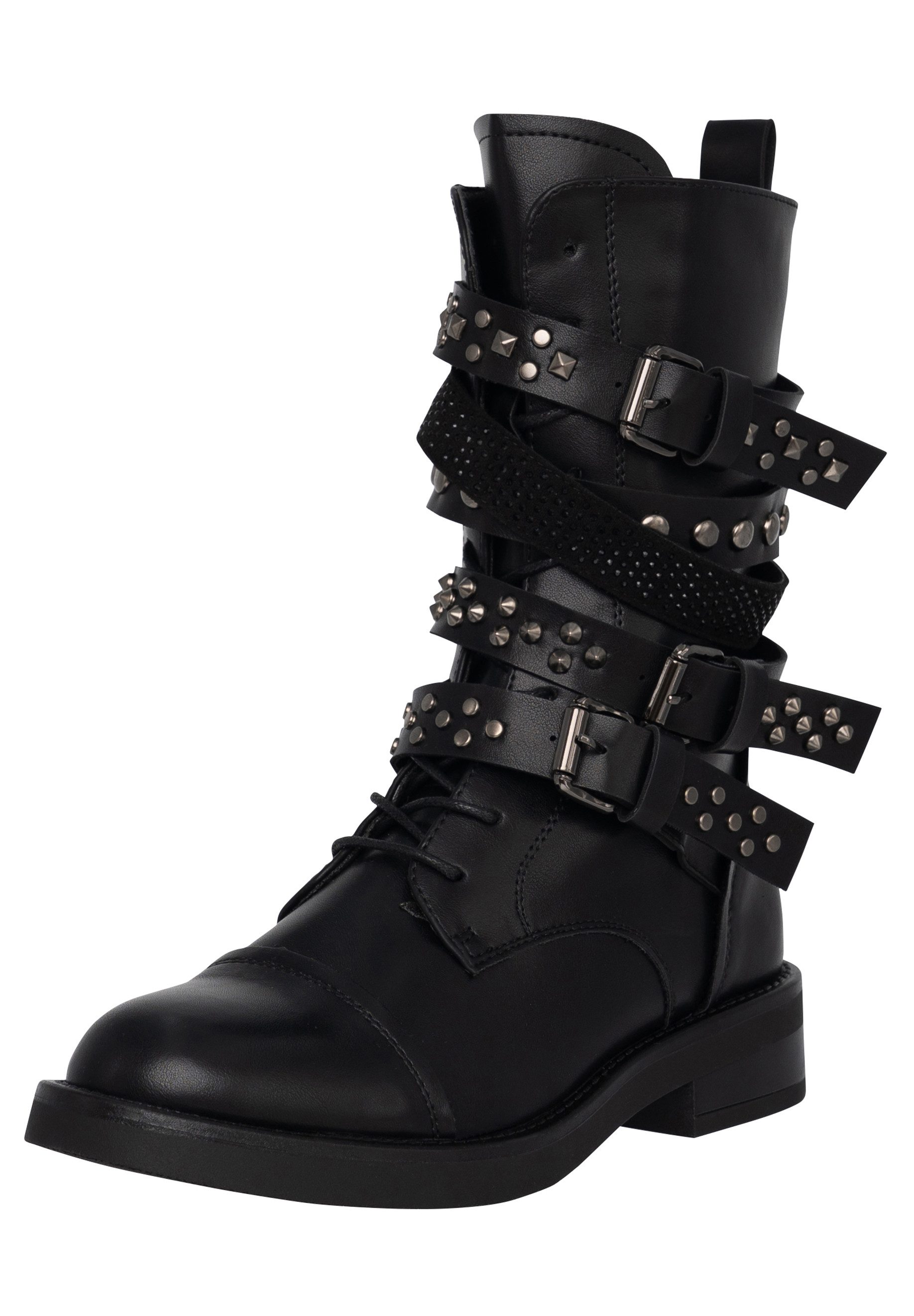 Salinyang Biker Boots mit Nieten, Schnallenriemen und Reißverschluss Stiefel