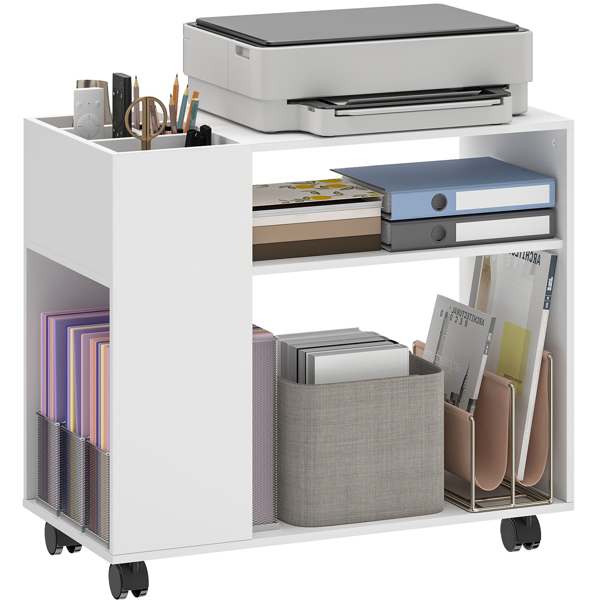 HOMCOM Aktenschrank Druckerständer, Druckerwagen, für Drucker, für Büro, Weiß (Druckertisch, 1-St., Schreibtisch Organizer) Mit Rollen und großem Stauraum