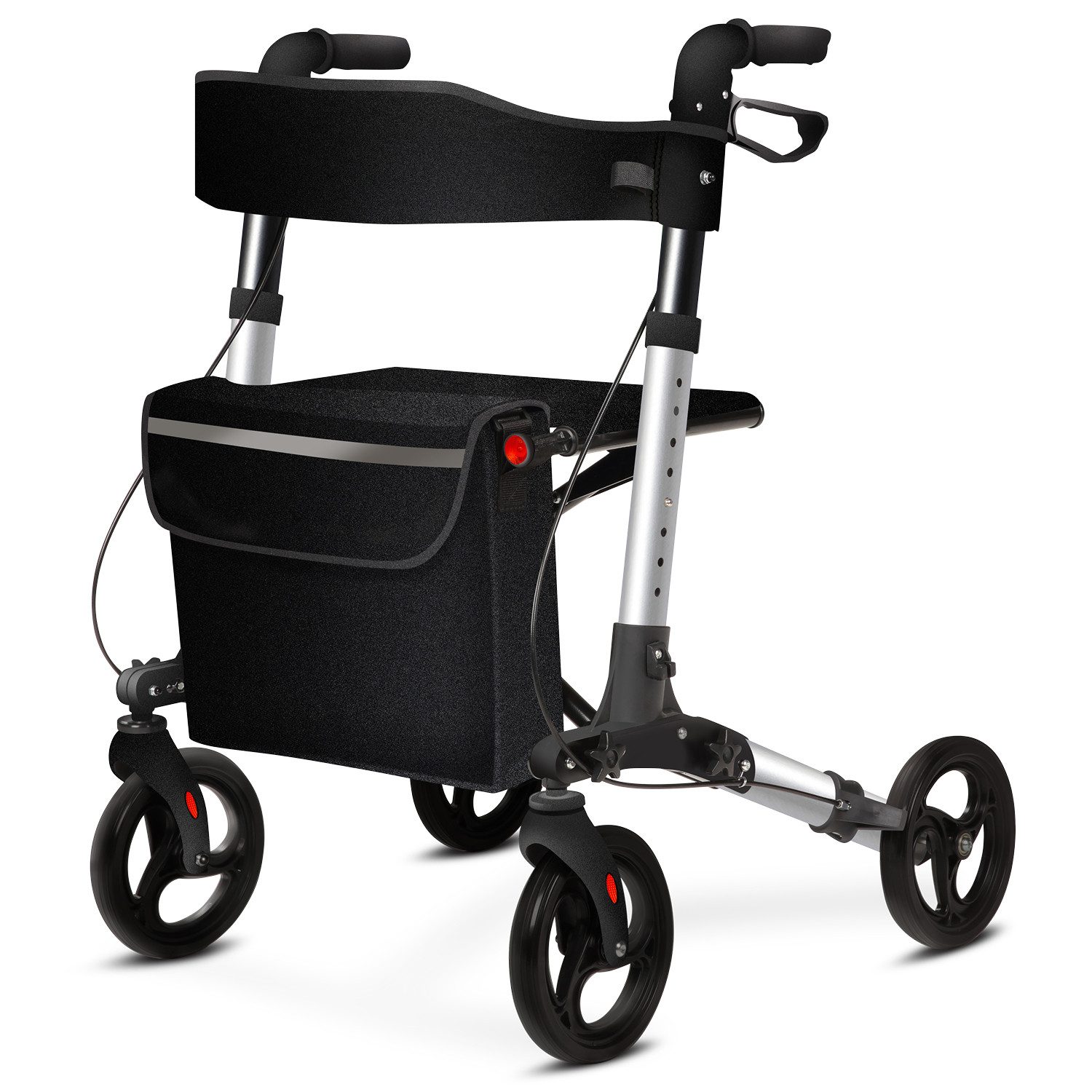 ELONEO Rollator 8-fach höhenverstellbar mit Stockhalter, Einkaufstasche & Rückengurt, Komfort-Sitz mit Stockhalter, Einkaufstasche & Rückengurt