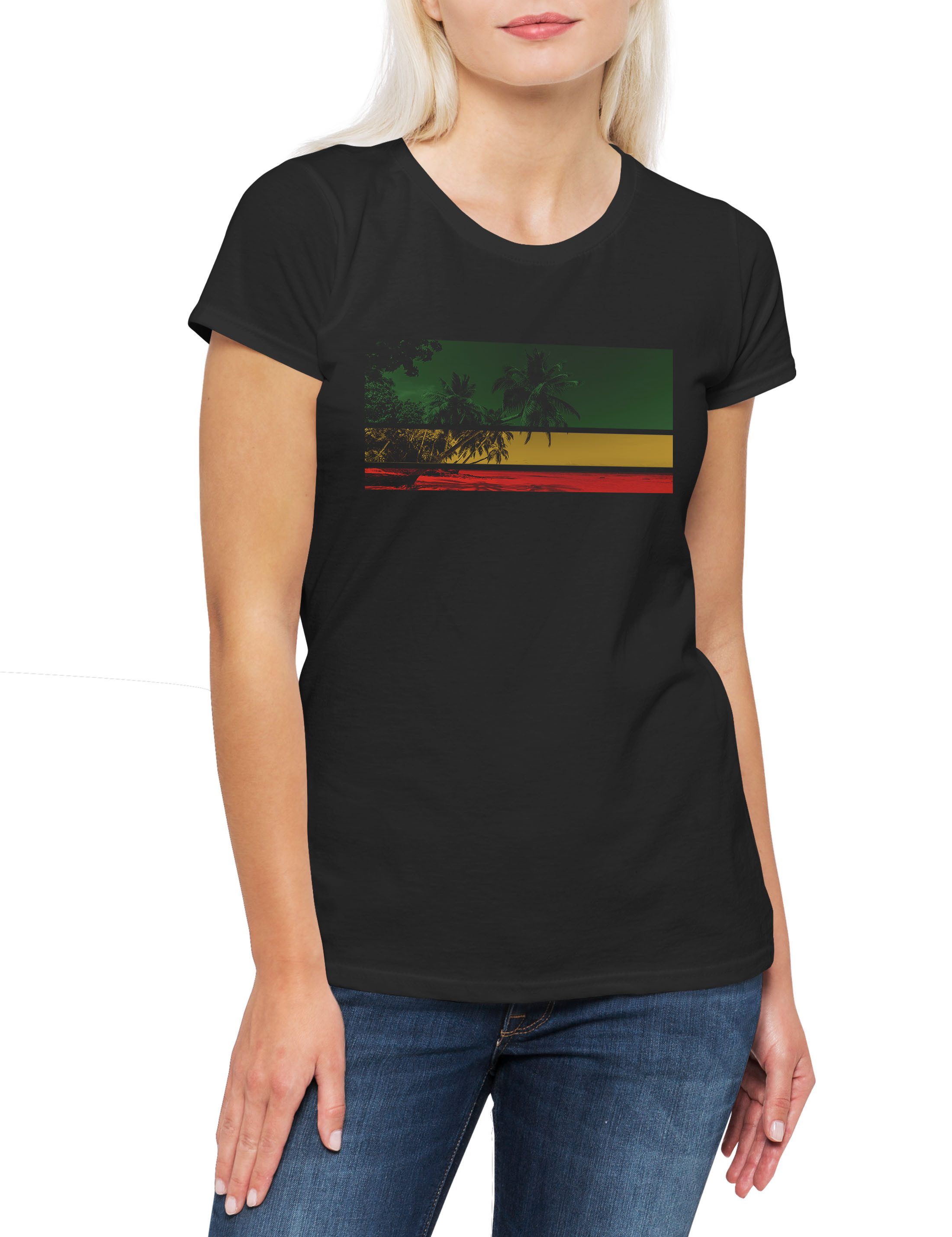 Print-Shirt Reggae Palm Beach Damen T-Shirtfari Jah Irie Zion Reggae