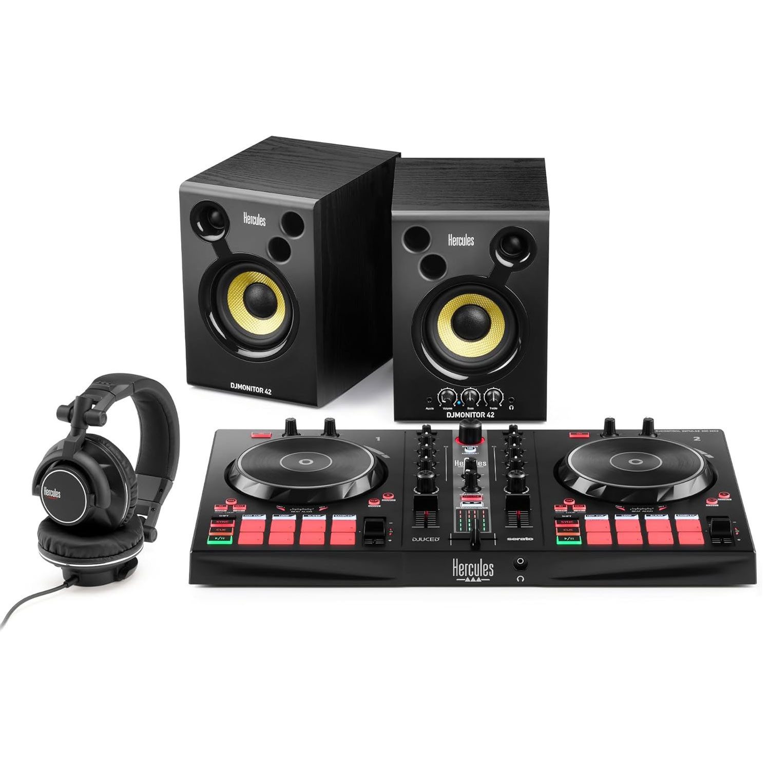 HERCULES DJ Controller Hercules DJ Essentials Kit DJ-Set mit Laptopständer Schwarz, (Vorteils-Set)