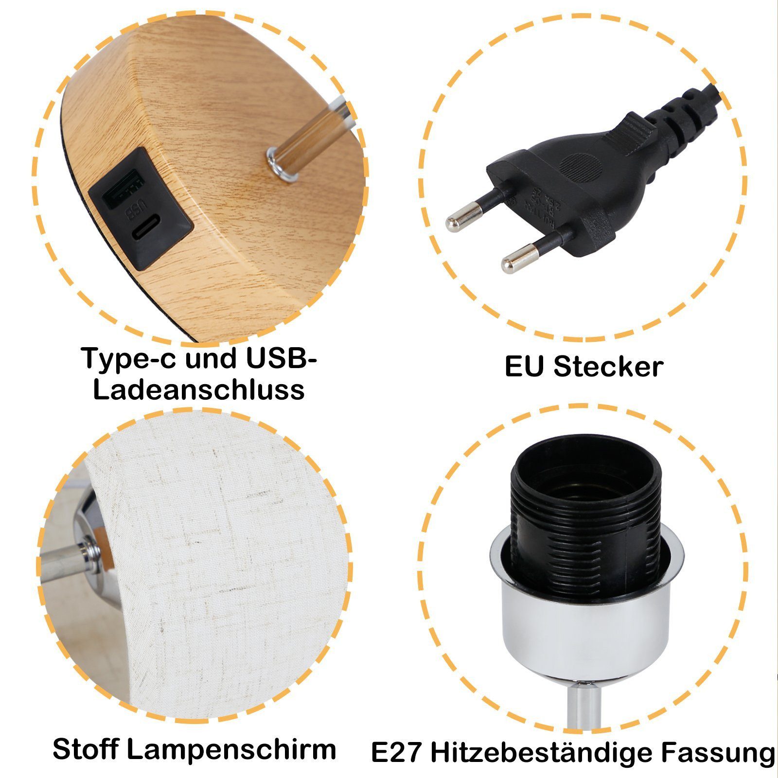 Nettlife Tischleuchte Tischlampe mit Stoffschirm Type-c&USB Ladeanschluss 3 Farbtemperaturen, LED fest integriert, Warmweiß, Schlafzimmer Wohnzimmer Nachttisch Geschenk -2er-Set
