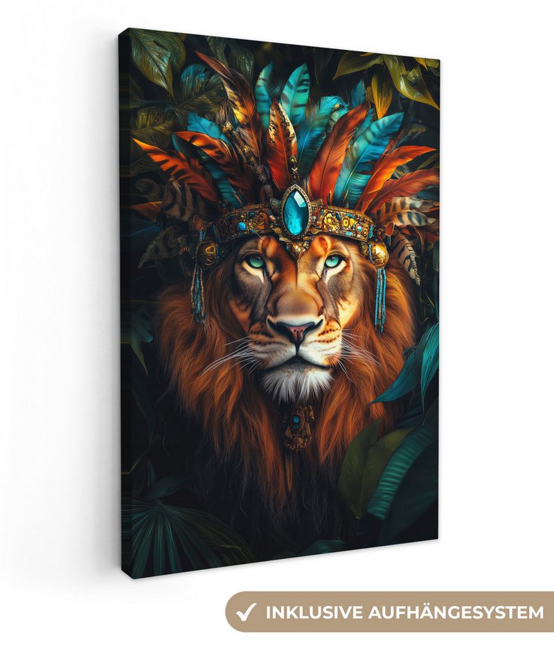 OneMillionCanvasses® Leinwandbild Löwe - Blätter - Dschungel - Federn, Fotodruck (1 St), Leinwand Canvas Wandbild, Wanddekoration 20x30 cm