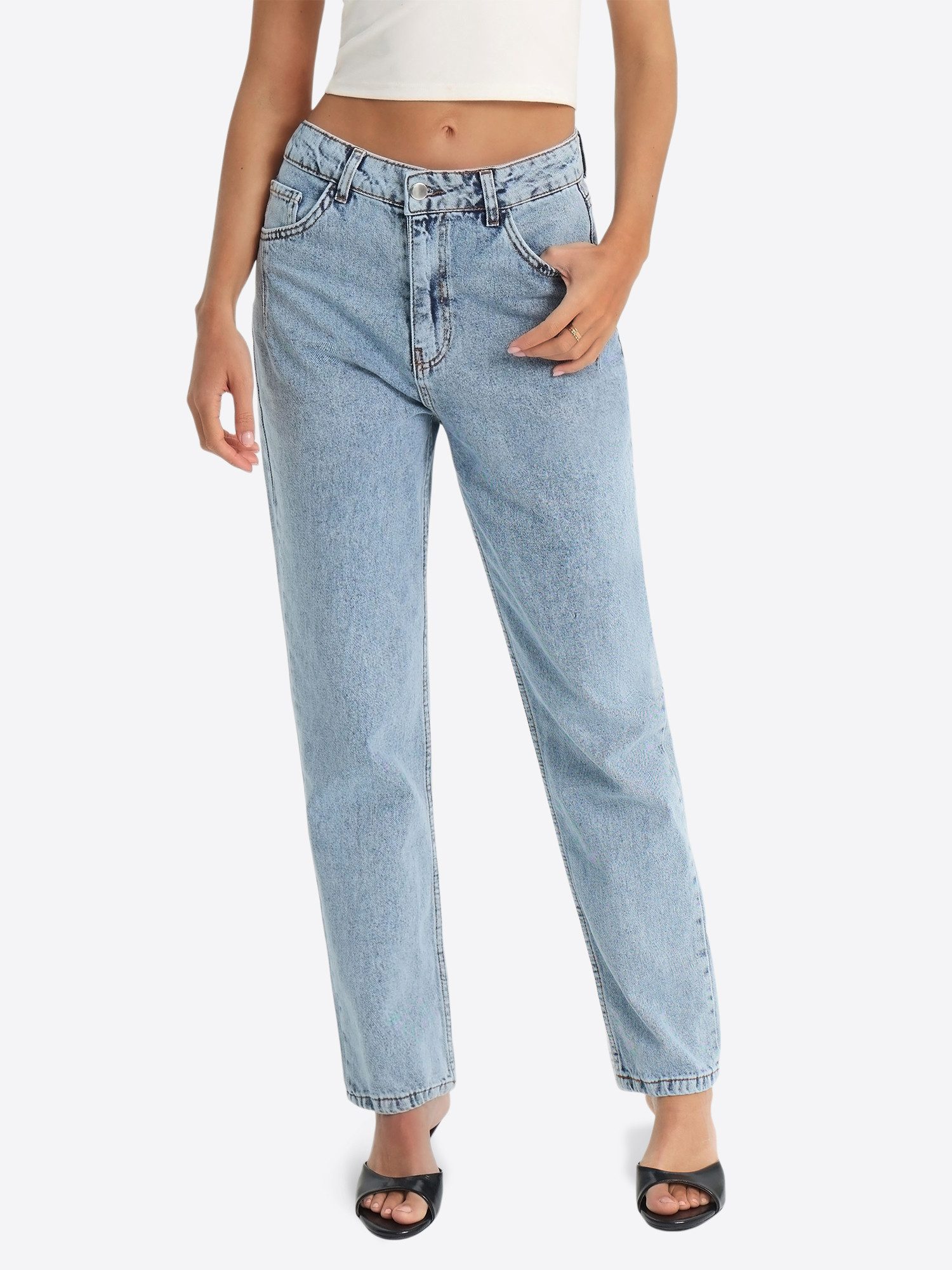 Imily Bela Ankle-Jeans Damen High-Waist Straight Karotte Leg aus Baumwolle Denim (Packung, 1-tlg., 1per-Pack) mit Eingrifftaschen in Unifarbe