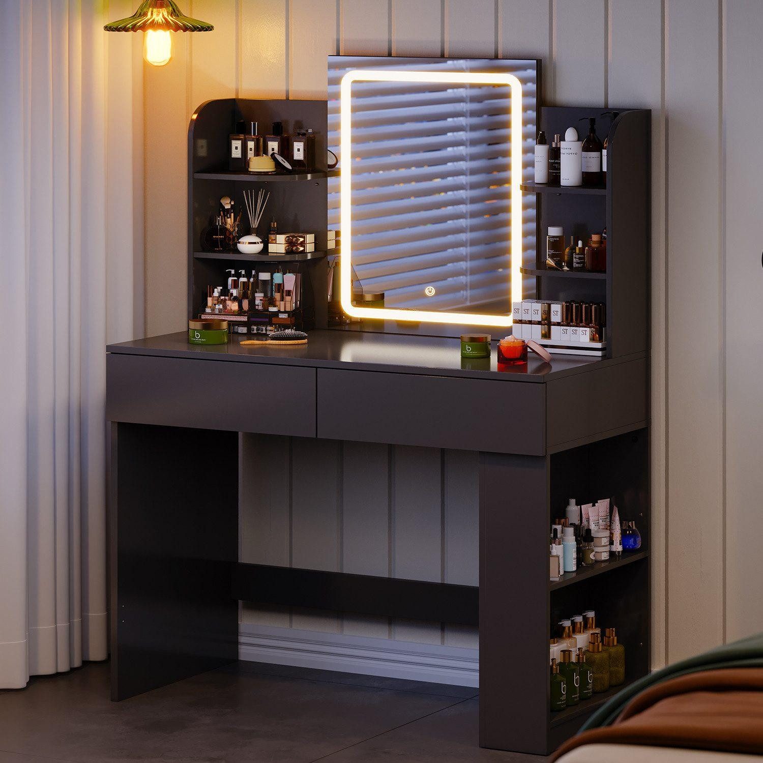 HOMALL Schminktisch mit Spiegel, LED-Beleuchtung, einstellbare Helligkeit, ostern (Länge × Breite × Höhe) 90/110 × 40 × 135 cm, 8 offene Fächer (2 seitliche Fächer sind nach links und rechts verschiebbar), 2 große Schubladen – Ostergeschenk)