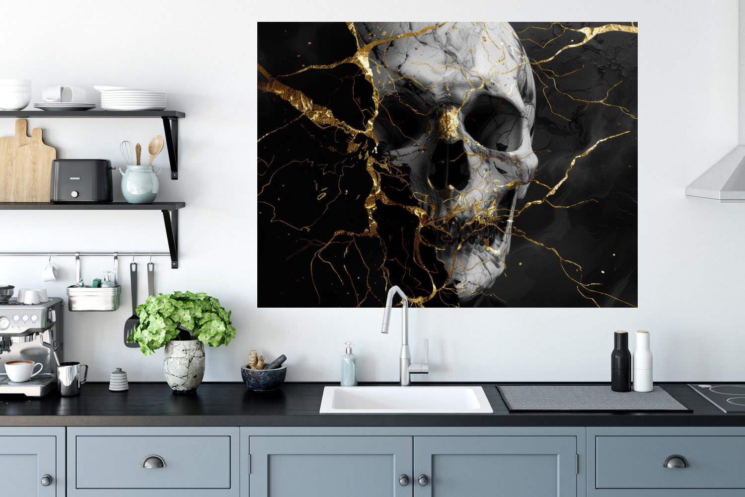 MuchoWow Wandsticker Gold - Abstrakt - Totenkopf - Gruselig - Tod (1 St), Wanddeko, Aufkleber, Wandtattoo, 120x90 cm