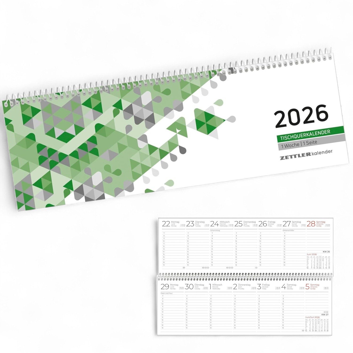 ZETTLER Schreibtischkalender ZETTLER 2026 Pultkalender 1W 1S grün Querkalender Spiralkalender Schre