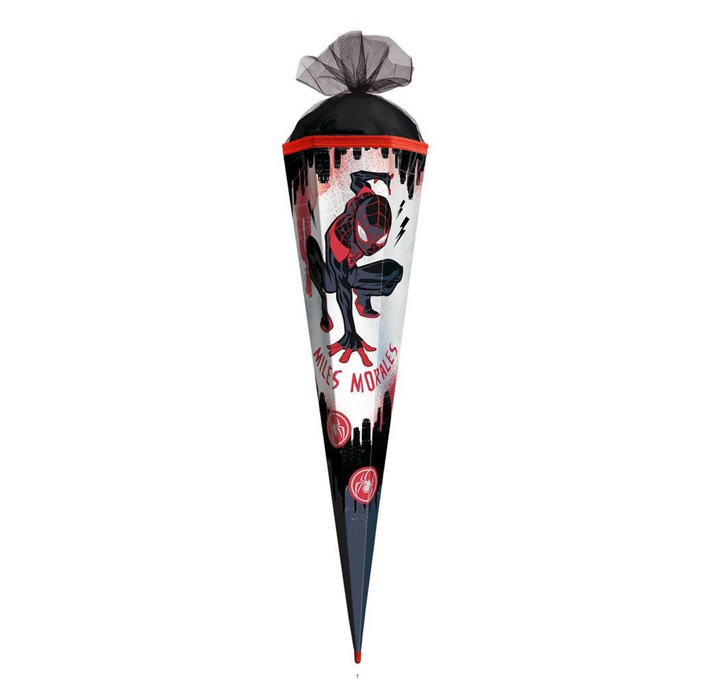 Roth Schultüte Marvel Spiderman Miles Morales, 85cm, eckig, Tüllverschluss, Superheldenmotiv, Effektfolie, schwarzer Tüll, ROT(H)-Spitze