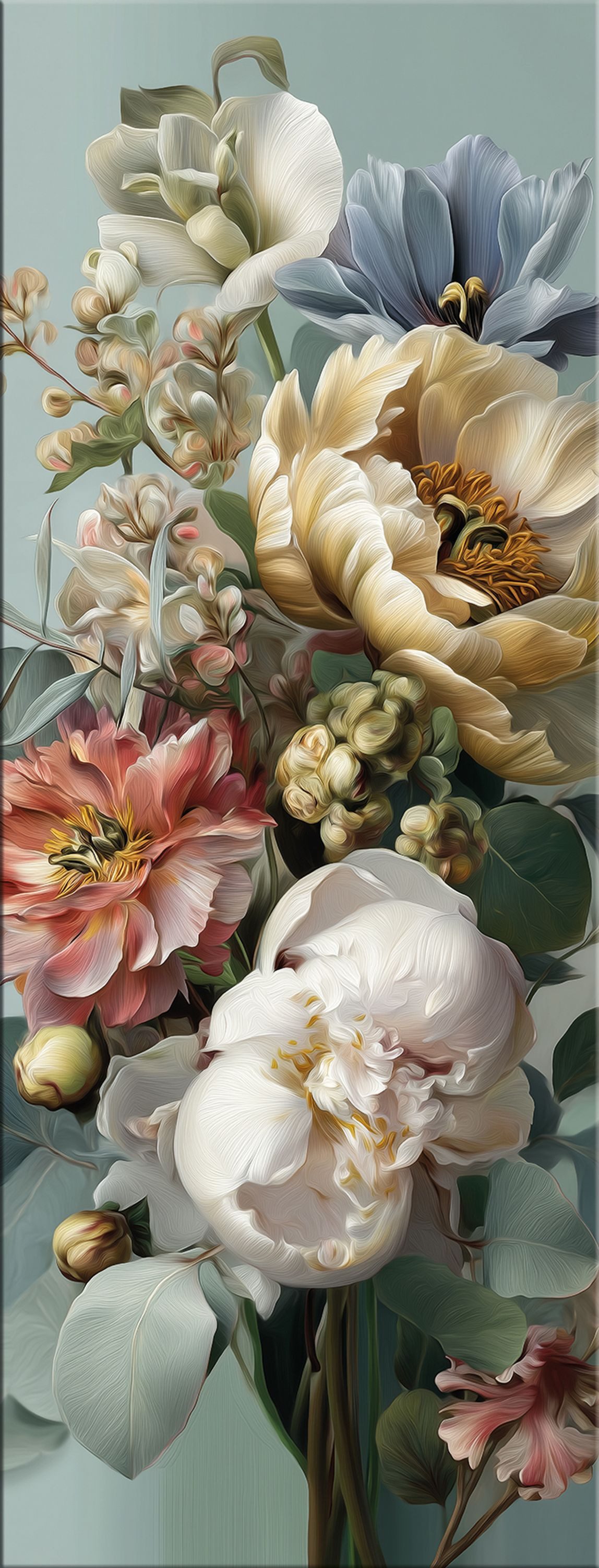 artissimo Glasbild Bild aus Glas 30x80 cm / Wandbild Hochformat / Wanddeko modern, Blumen und Blüten: Vintage Blumenstrauß in salbei-grün