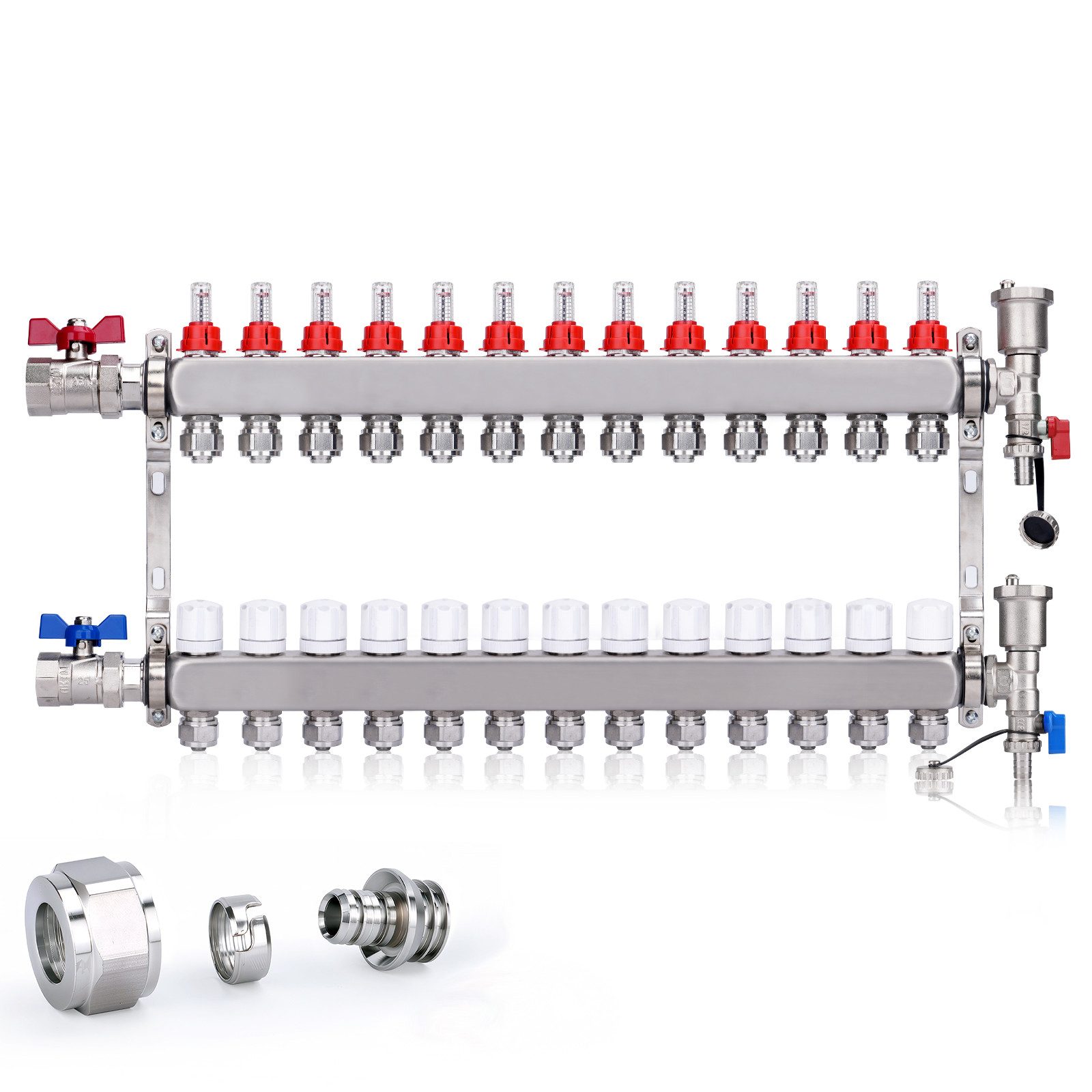 XERSEK Heizkreisverteiler Edelstahl 13fach Heizkreise für Fußbodenheizung mit Klemmverschraubung (Set, 3/4" Eurokonus, 1" Kugelhähne, Automatische & manuelle Entlüfter), Schallgedämpfte Halterung, max. 5 bar, 60°C
