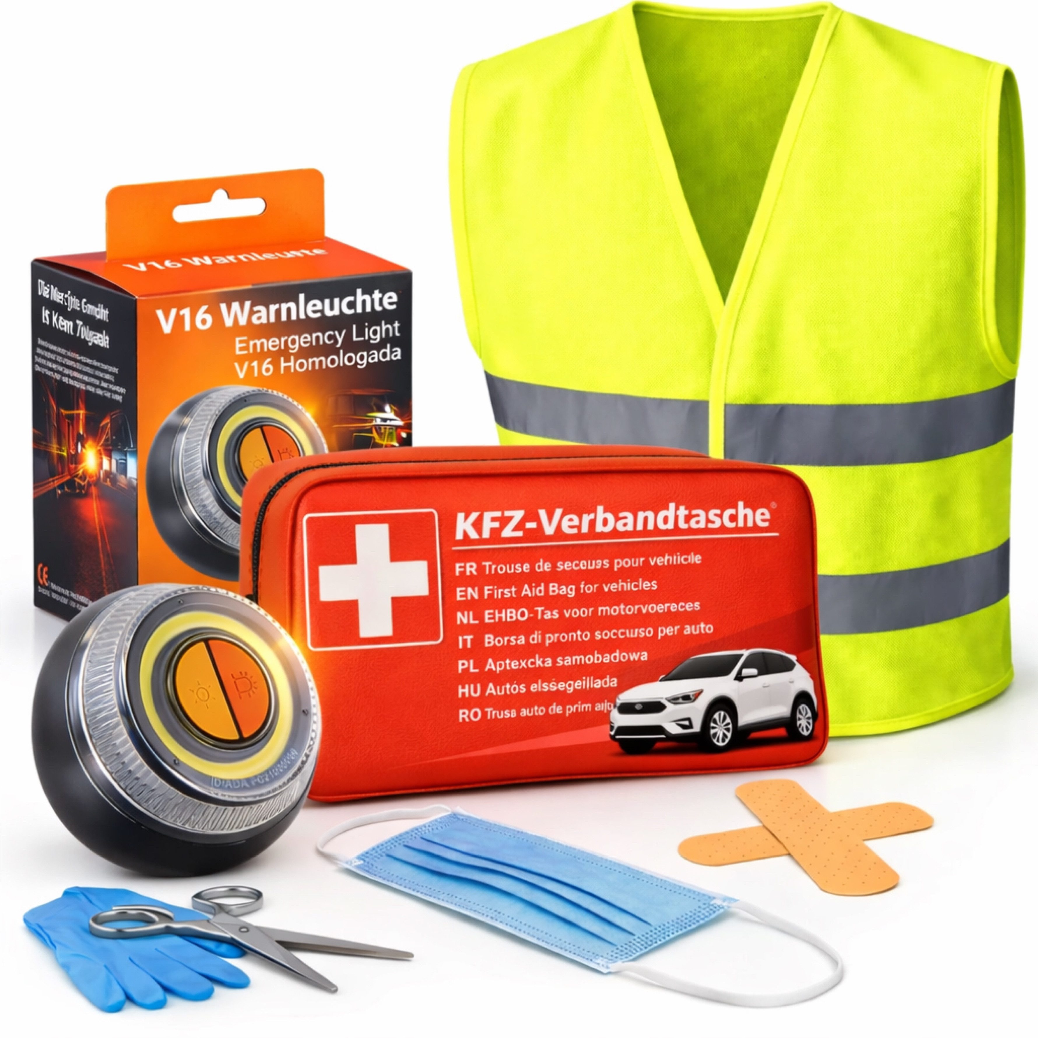 TK Gruppe Erste-Hilfe-Set 3 in 1 Set Kfz - Warnleuchte V16 IDIADA - Warnweste & Verbandskasten, (1 St)