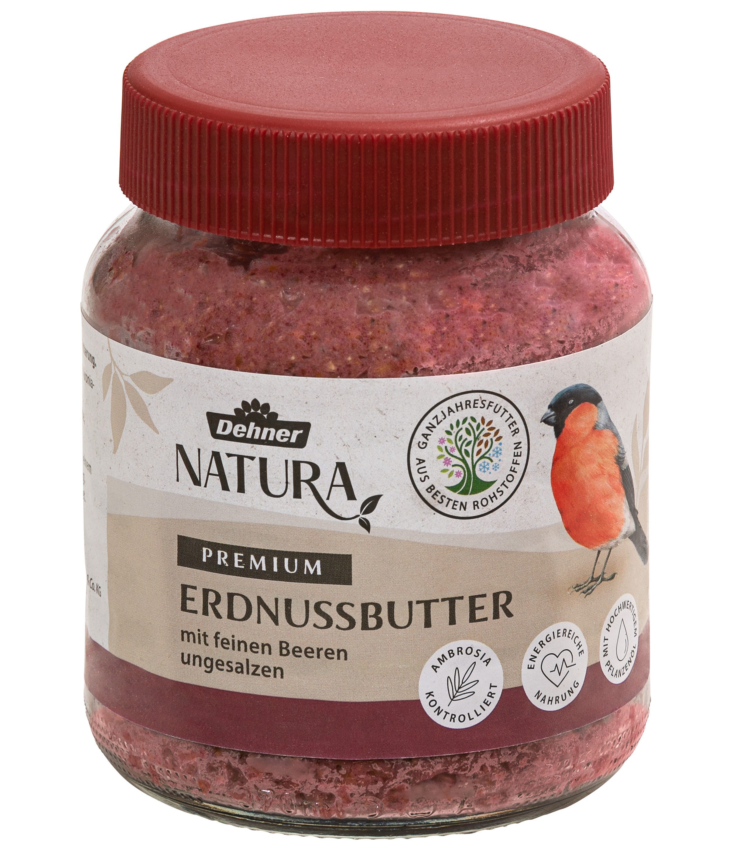 Dehner Natura Premium Erdnussbutter Beere im Glas, 8 x 340 g Erdnuss, Hauptfutter für: Wildvogel, Gartenvögel, Wildvogelfutter mit feinen Beeren, ungesalzen