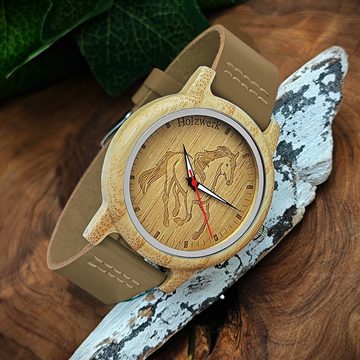 Holzwerk Quarzuhr TORI BROWN Damen Leder & Holz Uhr mit Pferd Motiv in braun, beige