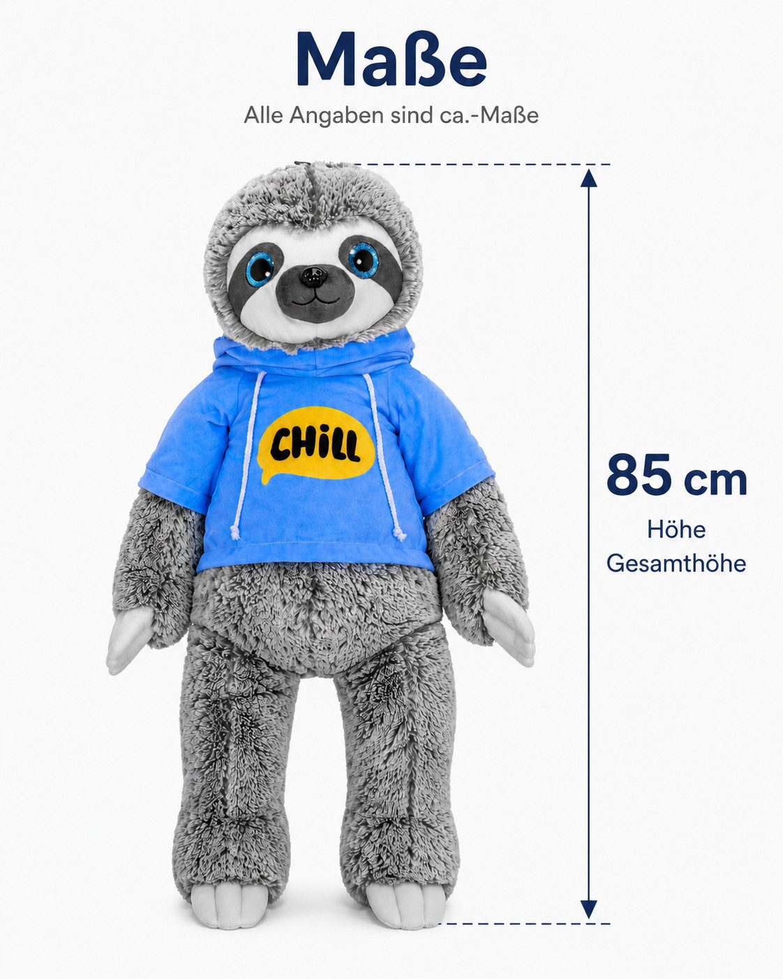 soma Kuscheltier Faultier Kuscheltier XXL 80 cm Plüschtier Plush Stofftier Chill Blau (Set, 1-St., Geschenk-Set), Riesiges Faultier mit blauem „Chill“-Hoodie zum Kuscheln & Verschenken