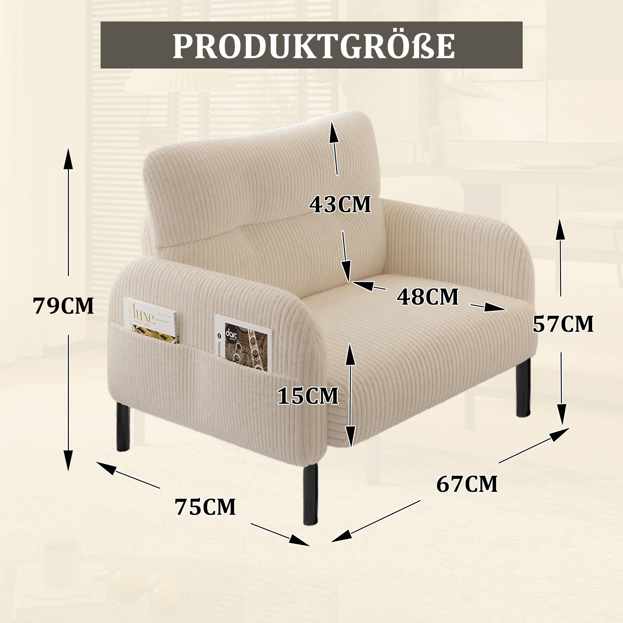 BlingBin Sessel Relaxsessel Polsterstuhl Loungesessel (1-St., Cordstoff, Armlehnen mit Seitentaschen auf beiden Seiten), für Wohnzimmer, Schlafzimmer, Arbeitszimmer, 67x75x79 cm