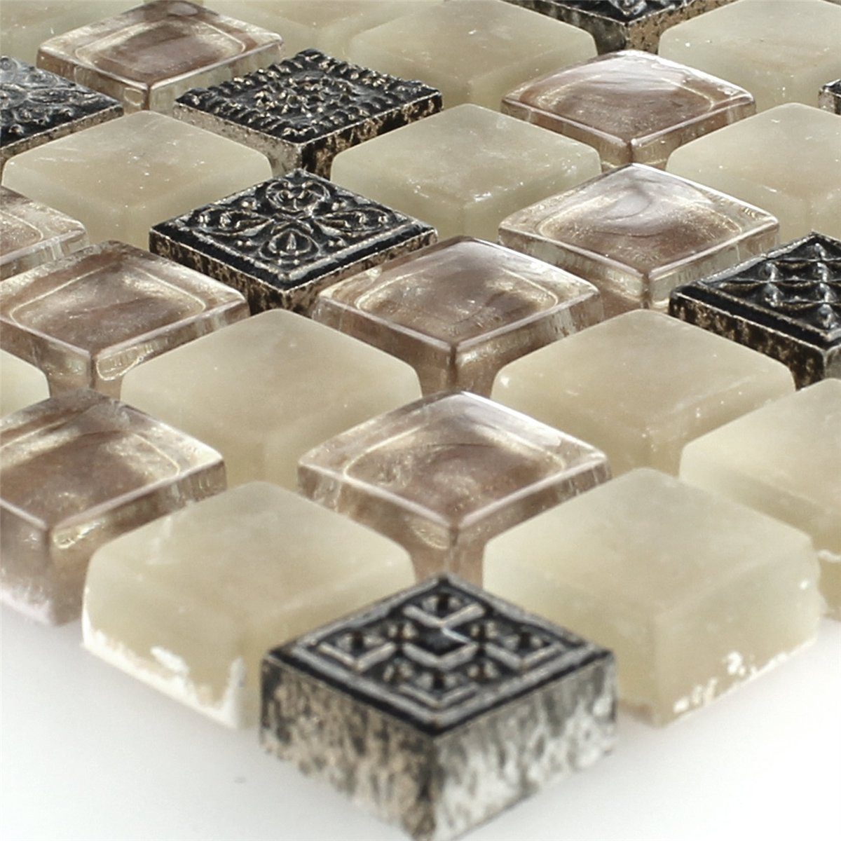 Mosafil Mosaikfliesen Mosaikfliesen Bounty Glas Naturstein Ornament, Naturstein-Glas 32.500x30.500, schwarz-beige-braun, Verlegefertig auf ein Netz geklebt