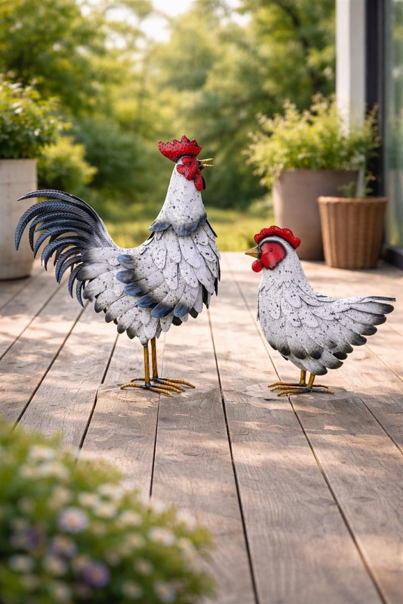 Geschenkestadl Tierfigur Metall Hahn Henne Deko Set Garten Figuren 50cm 38cm Terrasse Balkon (Spar-Set, 2 St., 1 Huhn, 1 Hahn), Huhn und Hahn