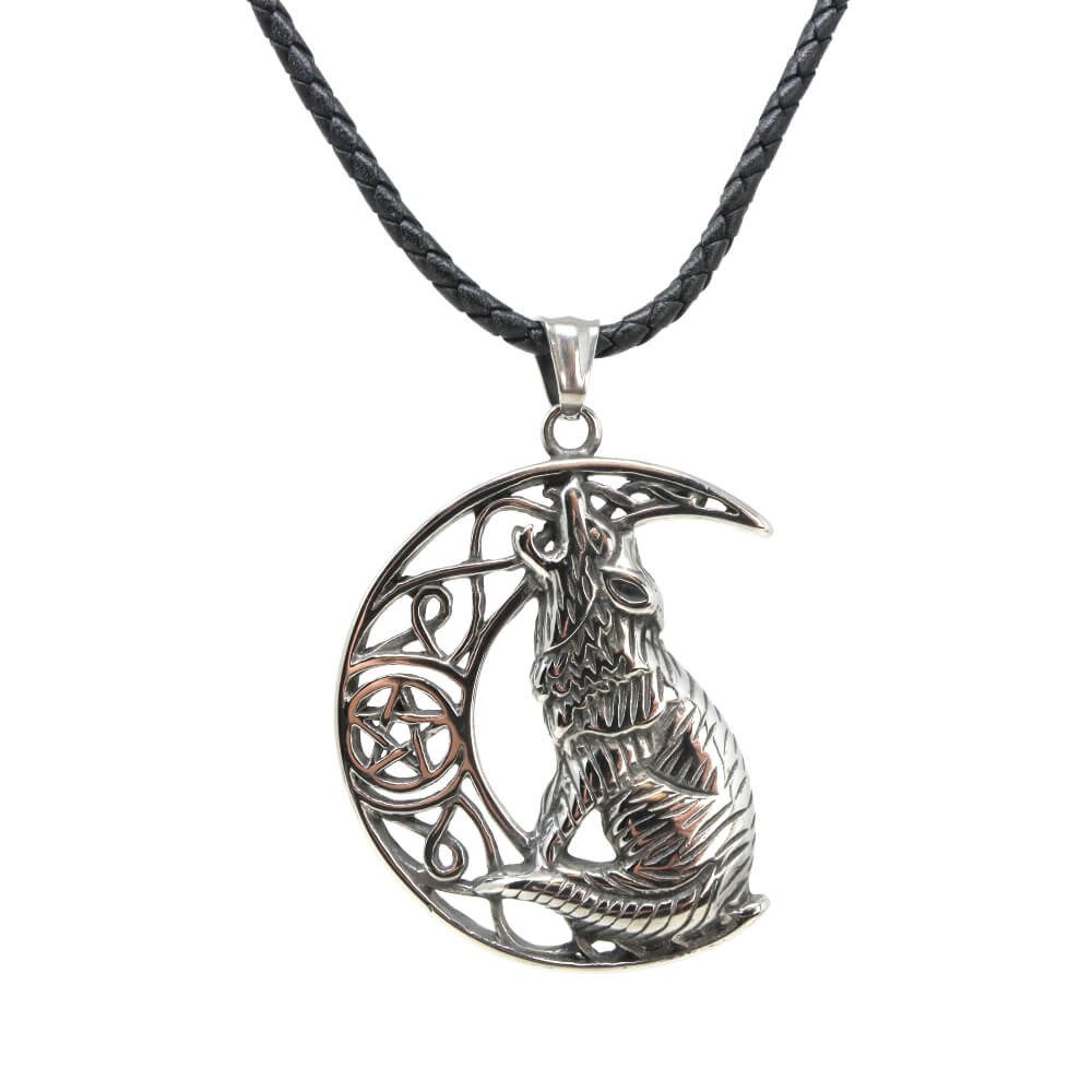 DALMARO Kette mit Anhänger Lederkette Edelstahlkette 316L FENRIR MOND, Herren Halskette Biker / Wikinger Kette - Schmuckbox