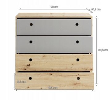 MOEBLO Kommode LUKI 4S (Jugendzimmer Schrank Sideboard mit 4 Schubladen, Moderne Wohnzimmer Schlafzimmer Möbel für Kinderzimmer), - (BxHxT): 90x80,4x40x2 cm