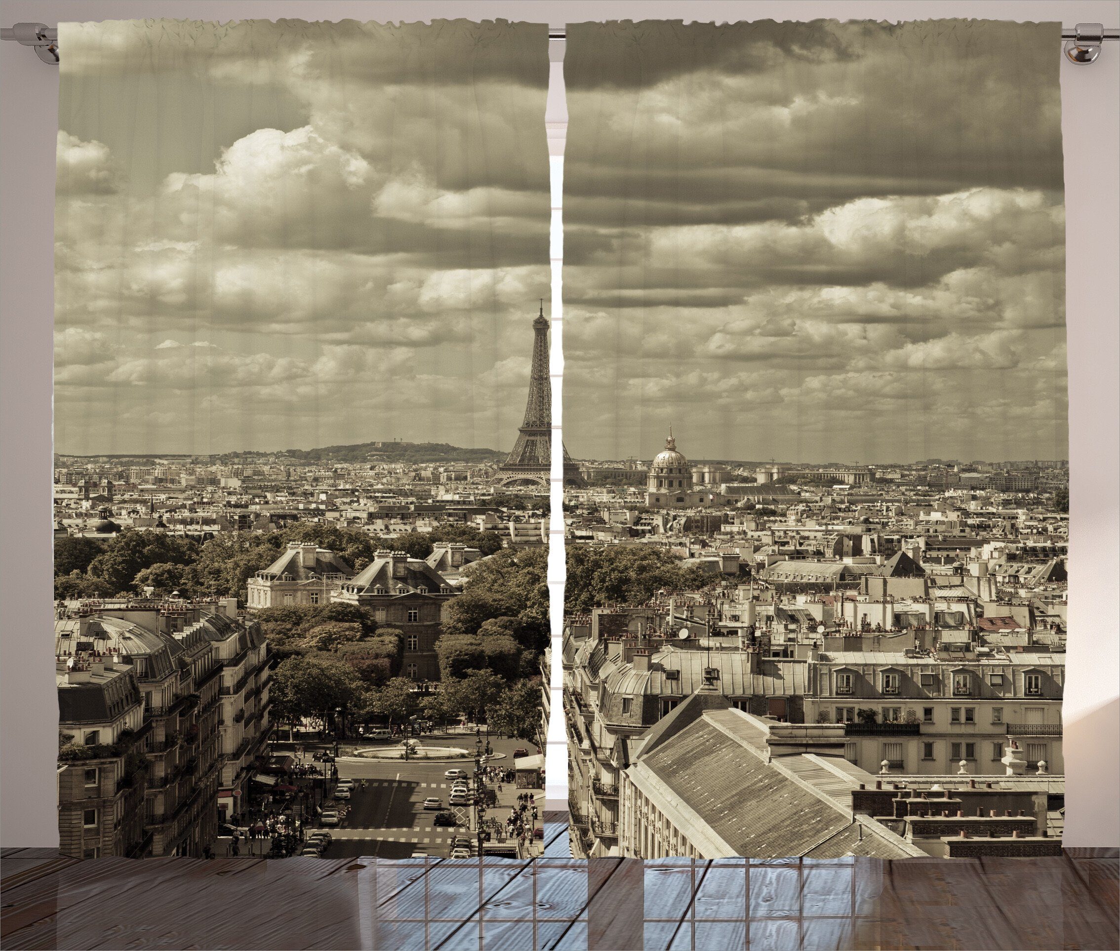 Gardine Schlafzimmer Kräuselband Vorhang mit Schlaufen und Haken, Abakuhaus, Beige Stadt-Skyline von Paris