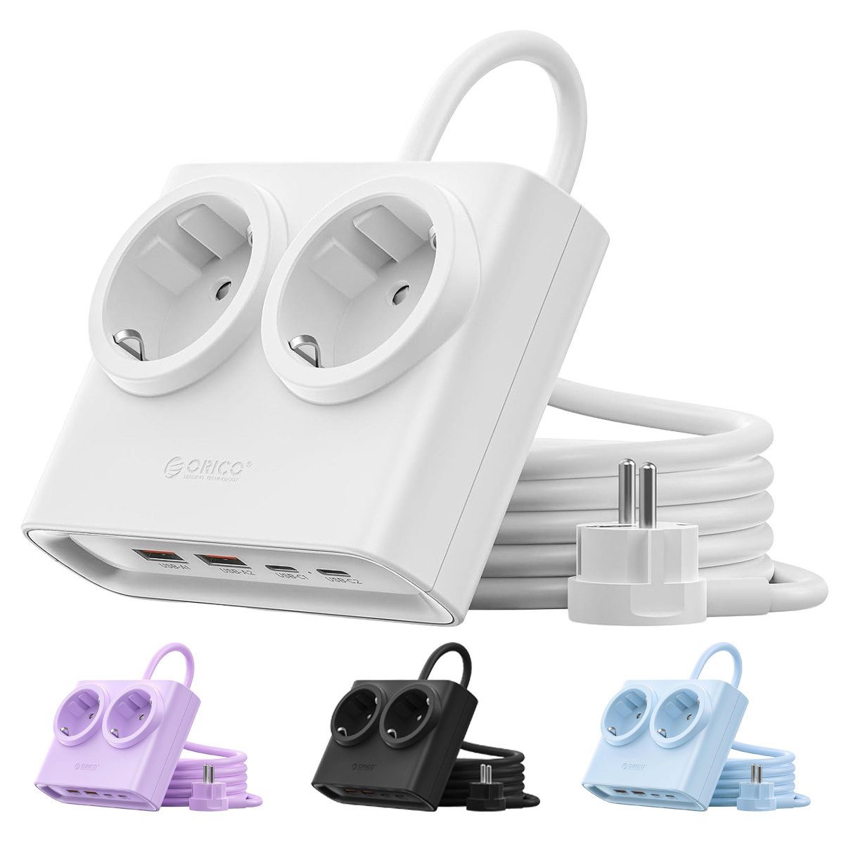 ORICO Steckdose 15W/25W GaN Mehrfachsteckdose 6-in-1 Steckdosenleiste,2AC+2USB+2CPD, acher 1,3 cm Stecke, 1-St., 1,6 m Kabel, 2500 W., für Haushalt & Büro