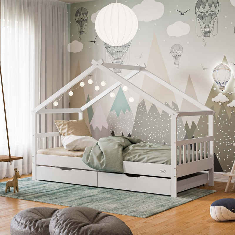 Alcube Hausbett HELIA, Stabiles Kinderbett mit Rolllattenrost aus zertifiziertem Massivholz, optional mit Schubladen I Kinderbett 80x160 cm oder 90x200, kombinierbar mit Matratze, Deko oder extra Rausfallschutz