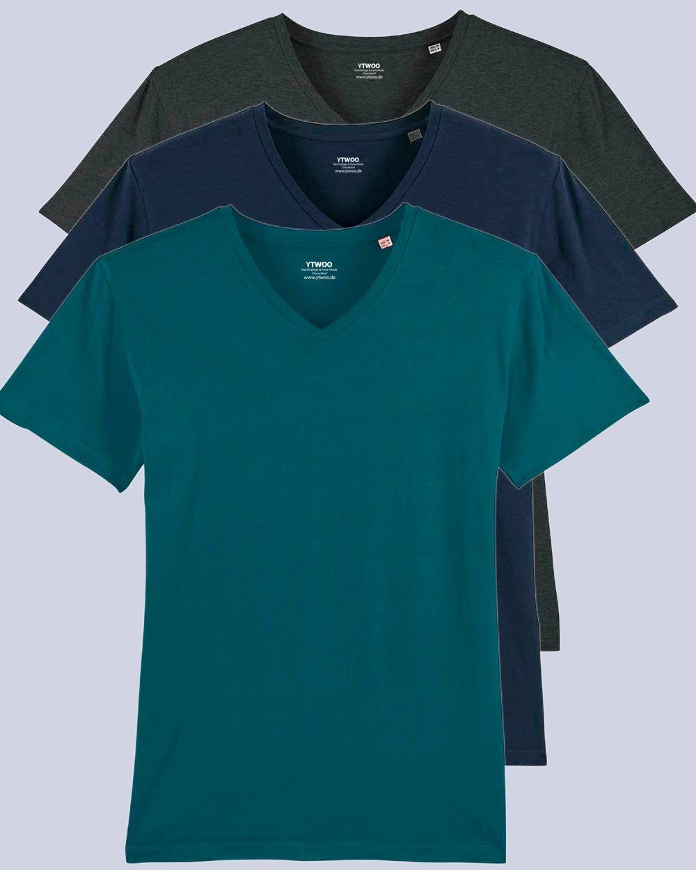 Männer, (Spar-Set, YTWOO Fair & 3er für Pack Pack) Nachhaltig V 3er Stargazer/Navy/Dark T-Shirt T-Shirt Heather Grey