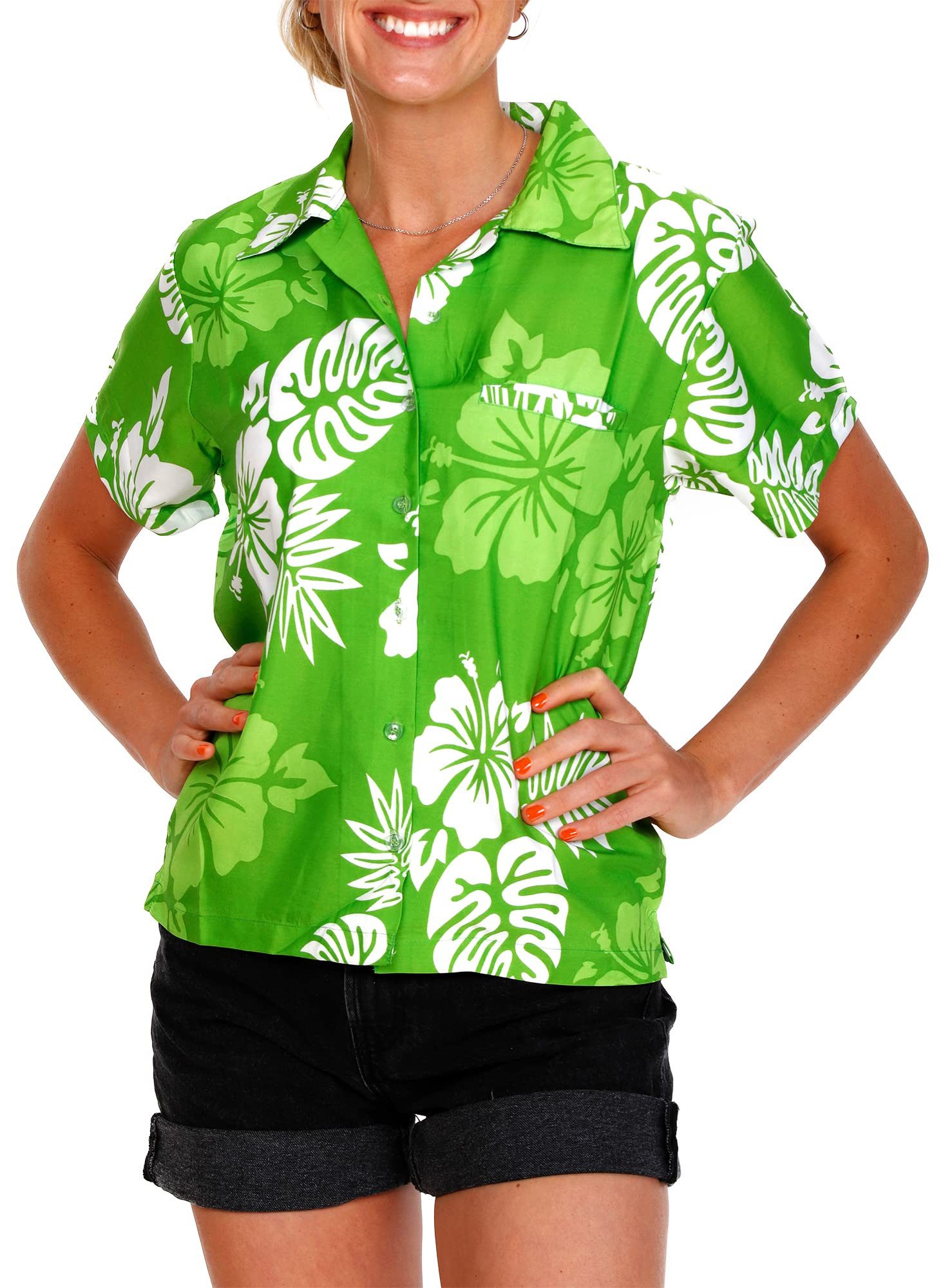 Hawaiihemd Mono Hibiscus Funky Hawaiibluse Damen Kurzarm Front-Tasche Stylish