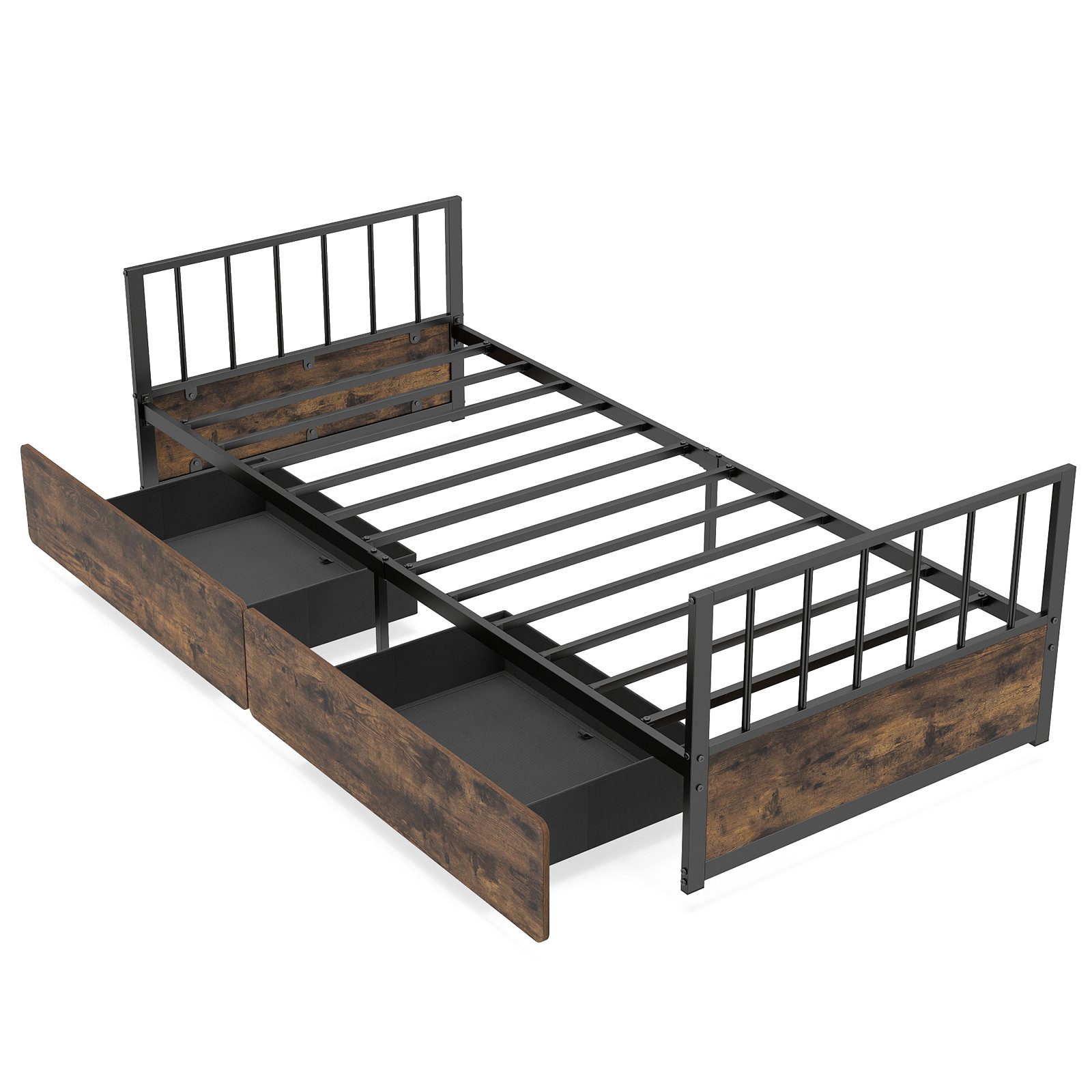 COSTWAY Bettgestell (1-tlg), Metallbett mit 2 Schubladen, Lattenrost, 90 x 200 cm