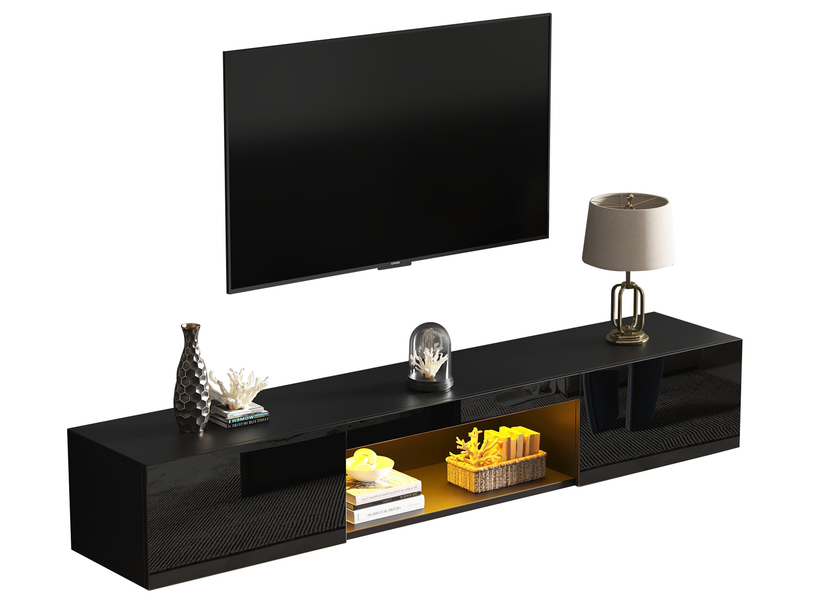 SeedWave Lowboard Schwebender TV Schrank Hängeboard mit LED-Beleuchtung, Stauraum, 160cm Fernsehschrank mit Kabeldurchführung, 2 Klapptüren