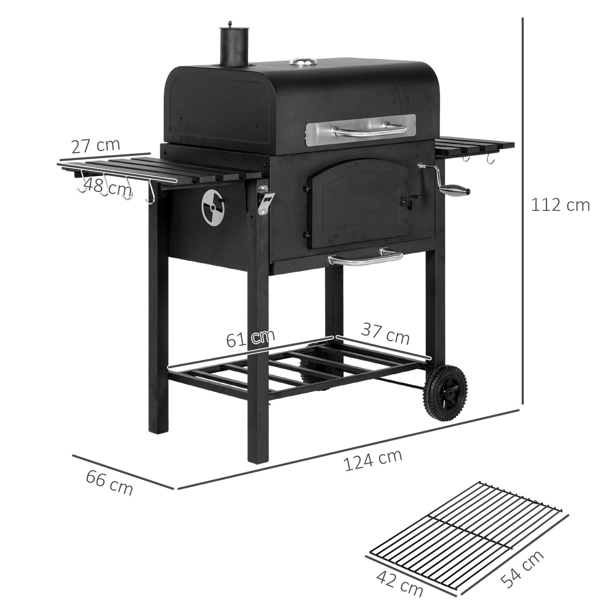 kowdom Holzkohlegrill 3-in-1 mit Smoker, Deckel, Warmhalterost & Seitenablagen, mobil, Standgrill, 3-in-1, Kurbel, Klappablagen, Asche, Rollen