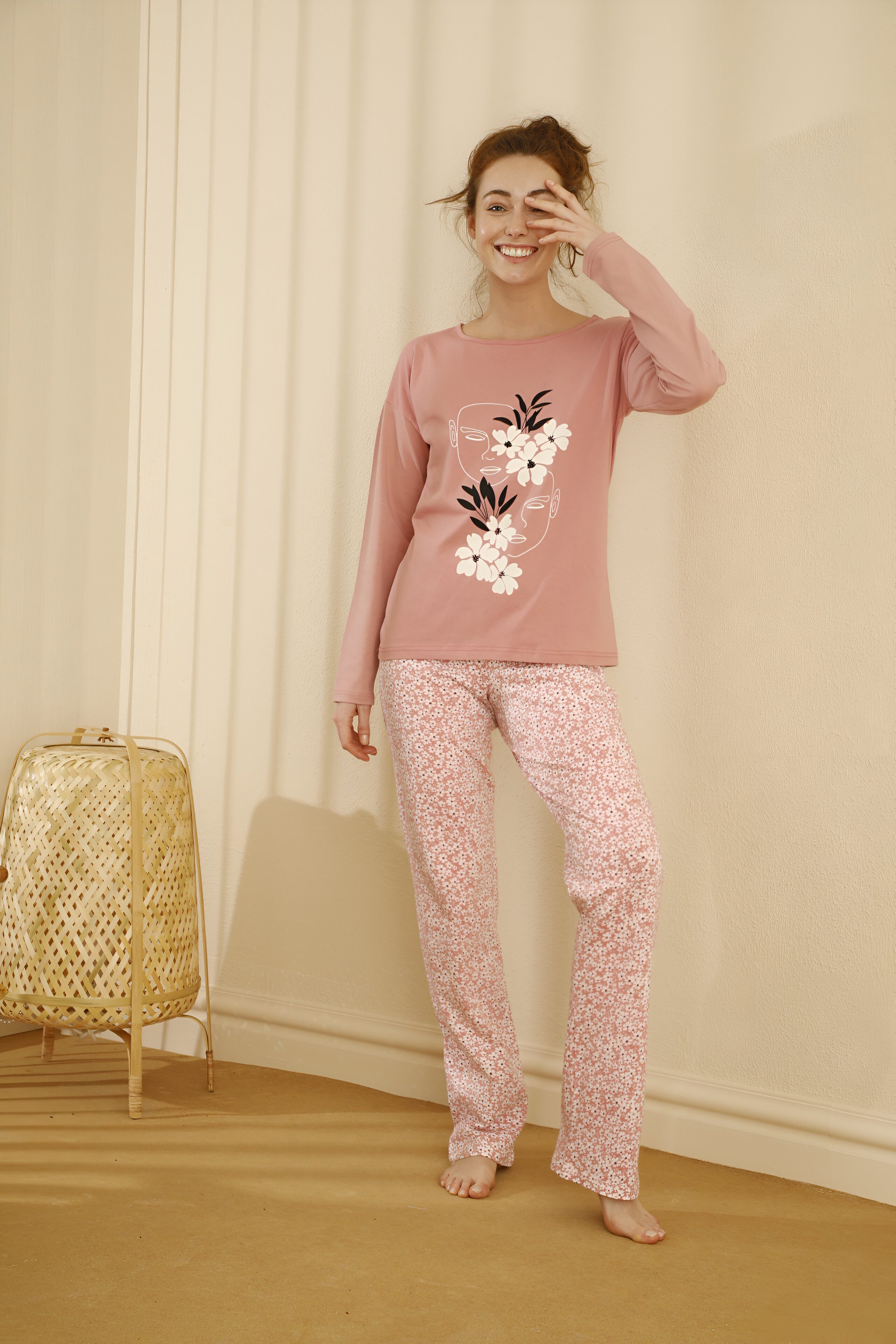 SEXEN (Siyah Inci) Pyjama Damen Baumwoll-Pyjama-Set mit Blumenmuster – Langarm Zweiteiler Weiches Baumwollmaterial, florales Design, zweiteilig, langärmelig