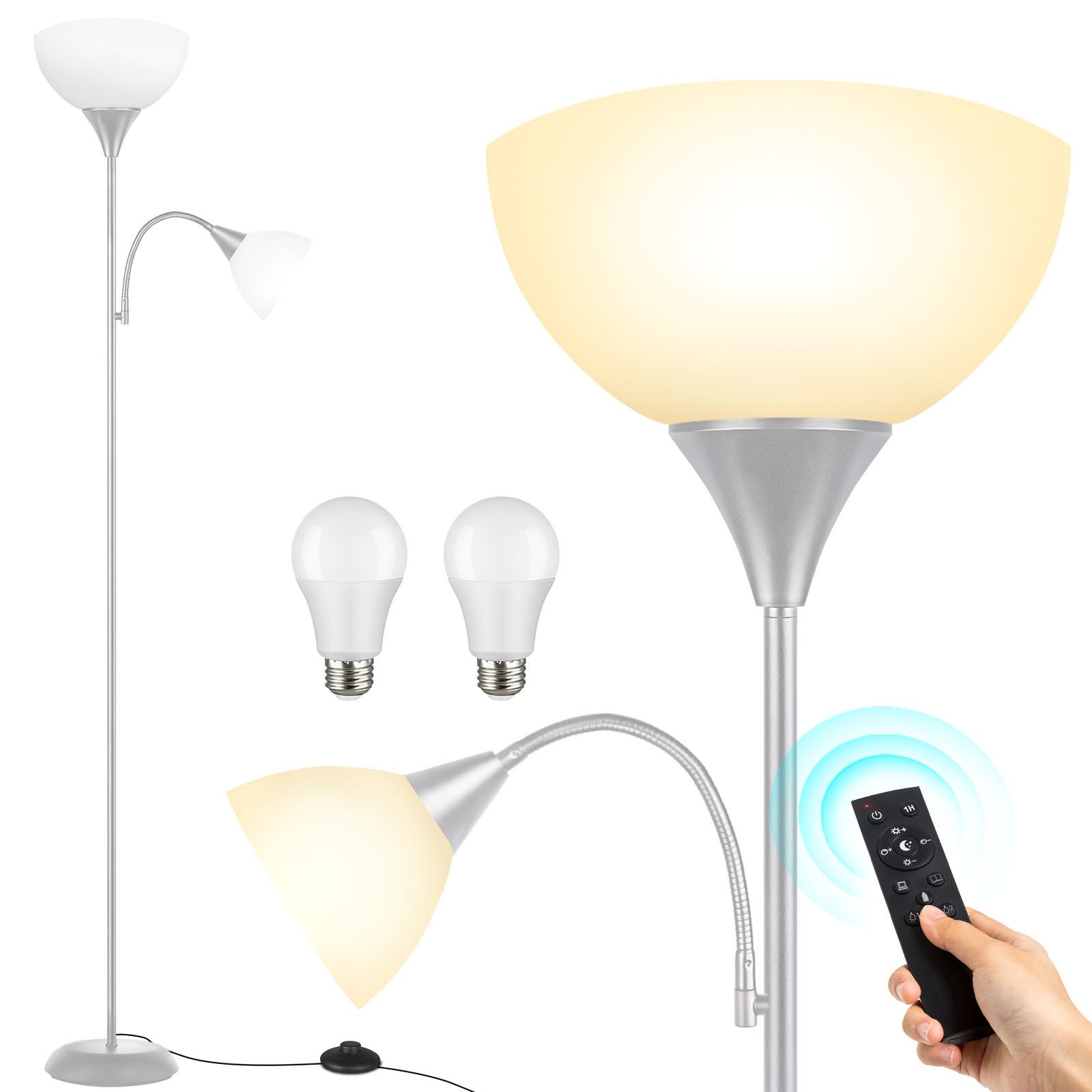 OUTON LED Stehlampe Bodenlampe mit Fernbedienung, 9W, 4 Farbtemperaturen, LED wechselbar, mit schwerem Standfuß und Acryl-Schirme