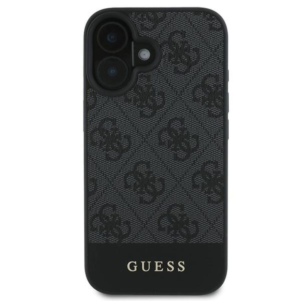 Guess Handyhülle iPhone 16 Kunstleder Muster grau Logo Schrift goldfarbig 6,1 Zoll, Kantenschutz
