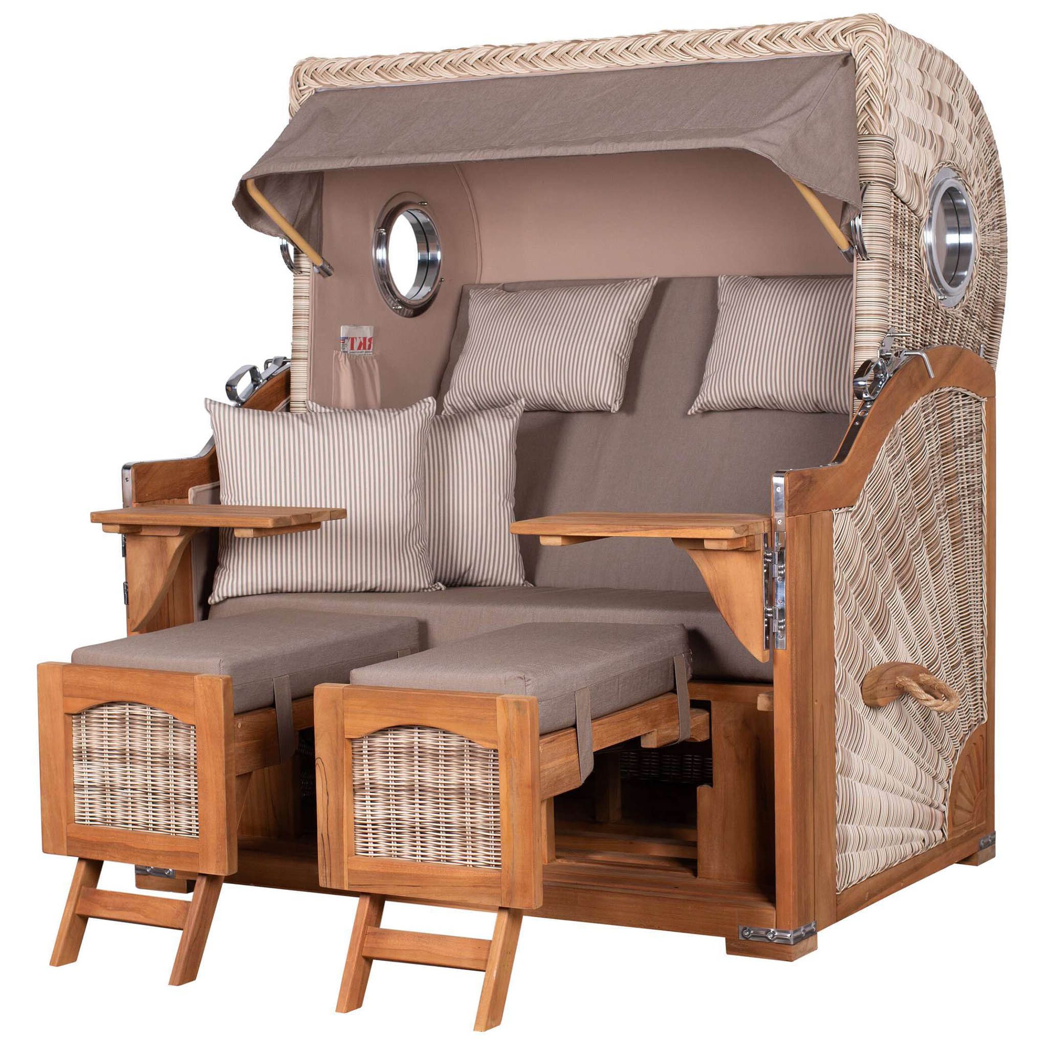 bene living Strandkorb Ammersee Grande XL 2,5-Sitzer Teak - PE shell - Modell 534, BxTxH: 142x95x165 cm, Volllieger, Ostsee-Strandkorb, (Strandkorb-Komplettset, 5-tlg., Strandkorb inkl. Liftersystem und umfangreichem Zubehör), mit Windschutzfolie, Bistrotischen und bequemer Polsterung