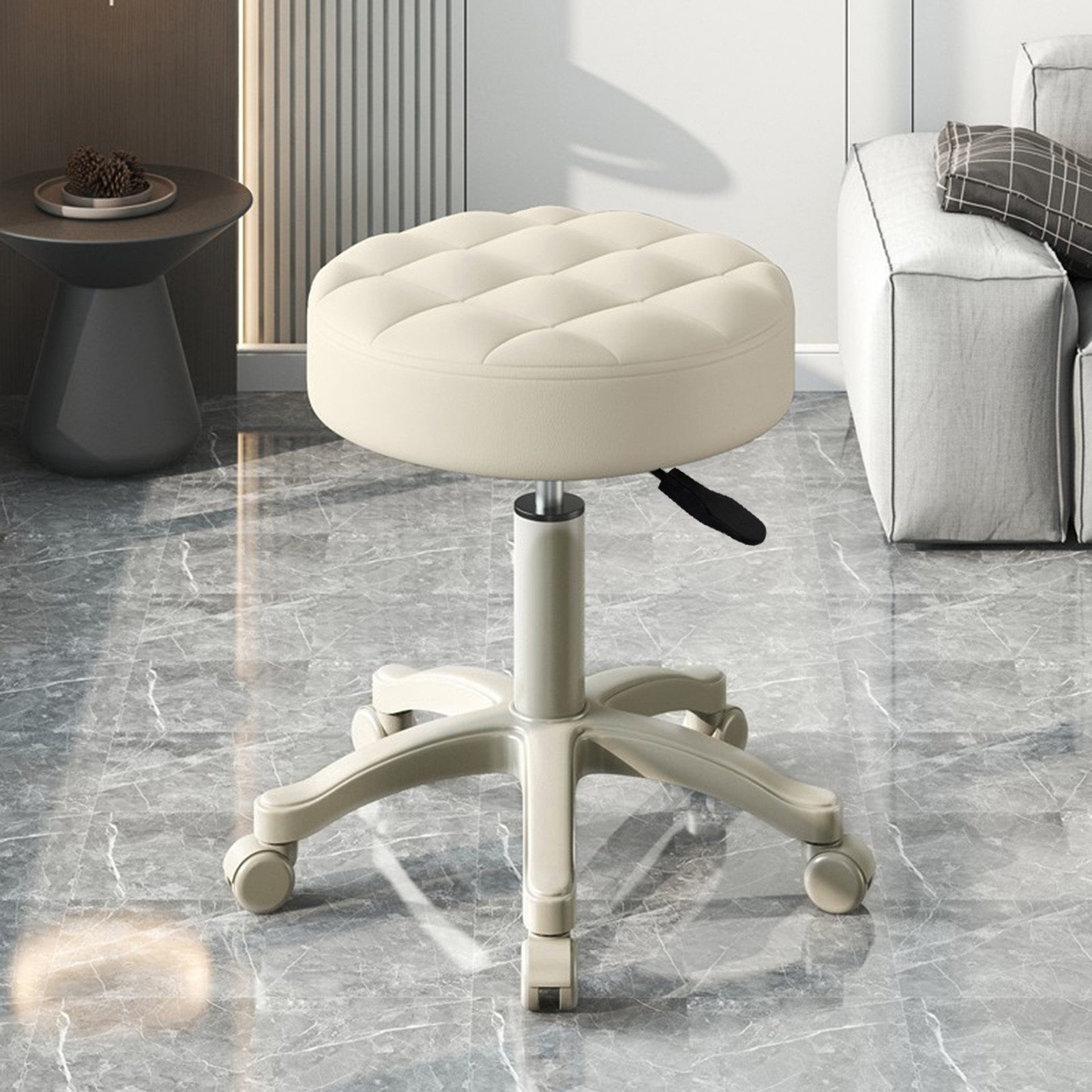 Rutaqian Drehhocker Rollhocker mit 5 Rollen,Runder Arbeitshocker Höhenverstellbar 35-53 cm (1 x Rollsitz 360° Drehba), 360° Drehbar Bürostuhl, Kleiner Drehstuhl Schminkstuhl für Homeoffice