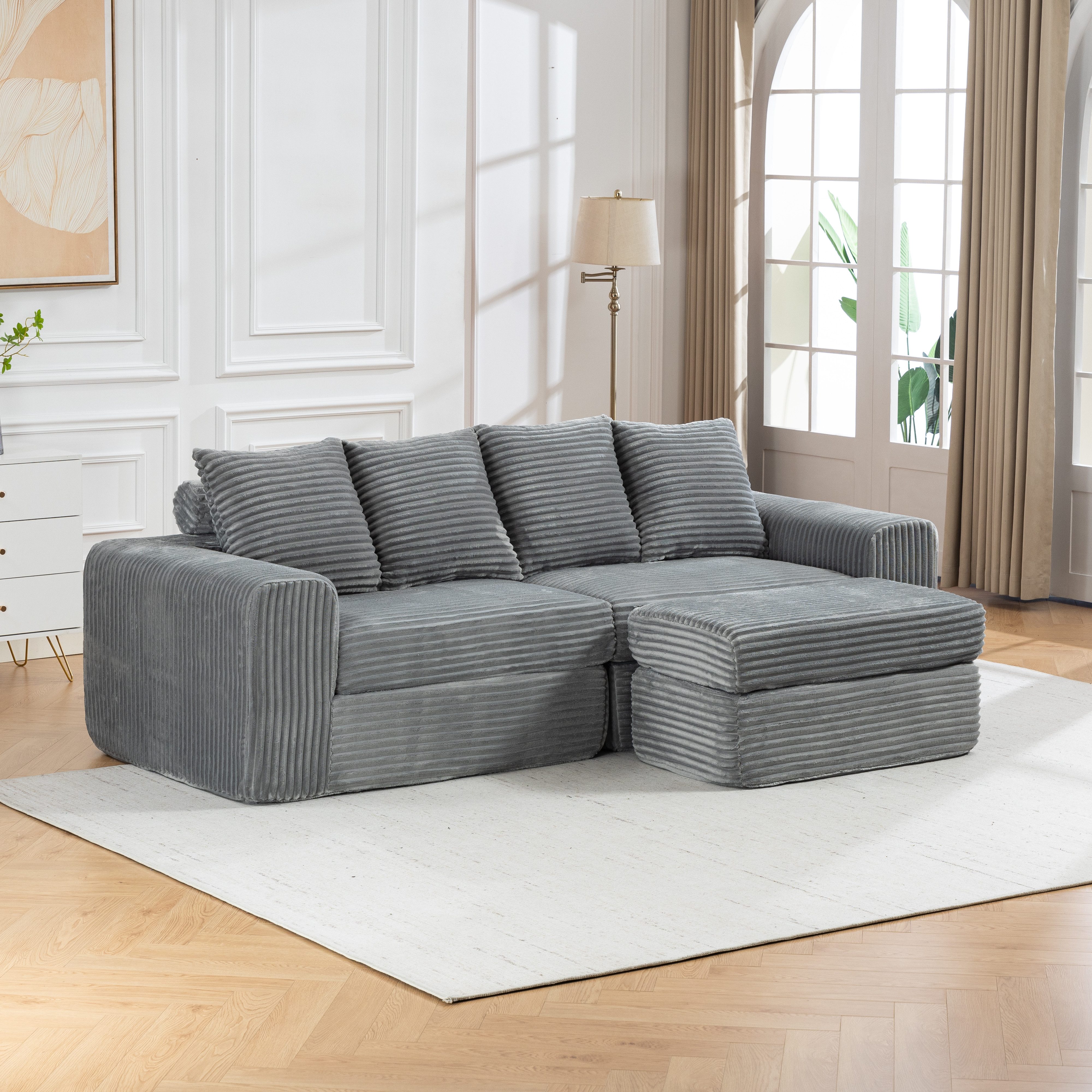 Sinaopus Ecksofa Modulares Ecksofa aus Cord mit Fußhocker und breiter Sitzfläche, Bequemes Wohnzimmersofa mit flexiblem Hocker und weicher Polsterung