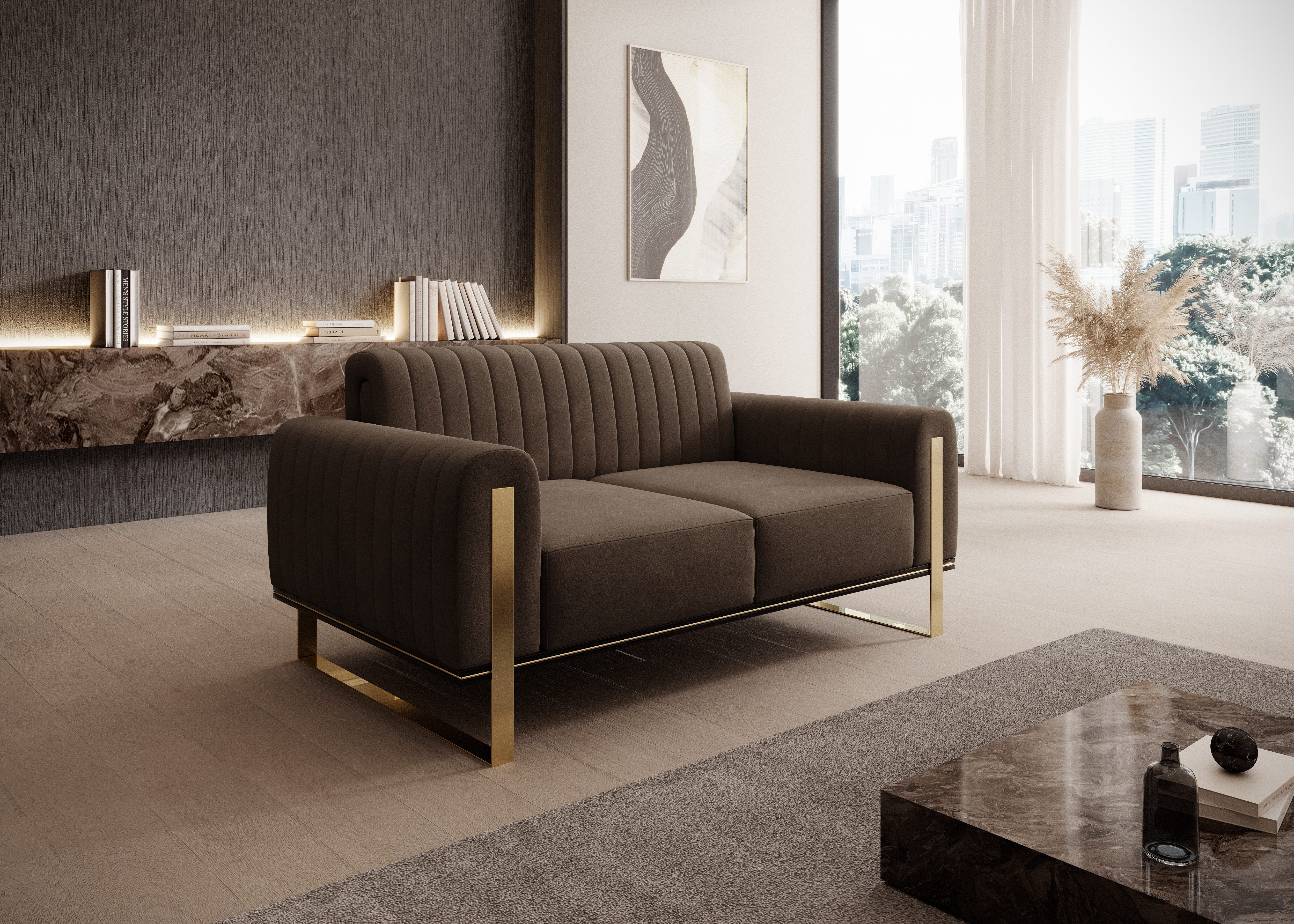 yourhouse24 2-Sitzer Sofa Designersofa Vamos in Samt, Samt-Optik, Metallgestell, Glamour-Stil, Kompakte Maße