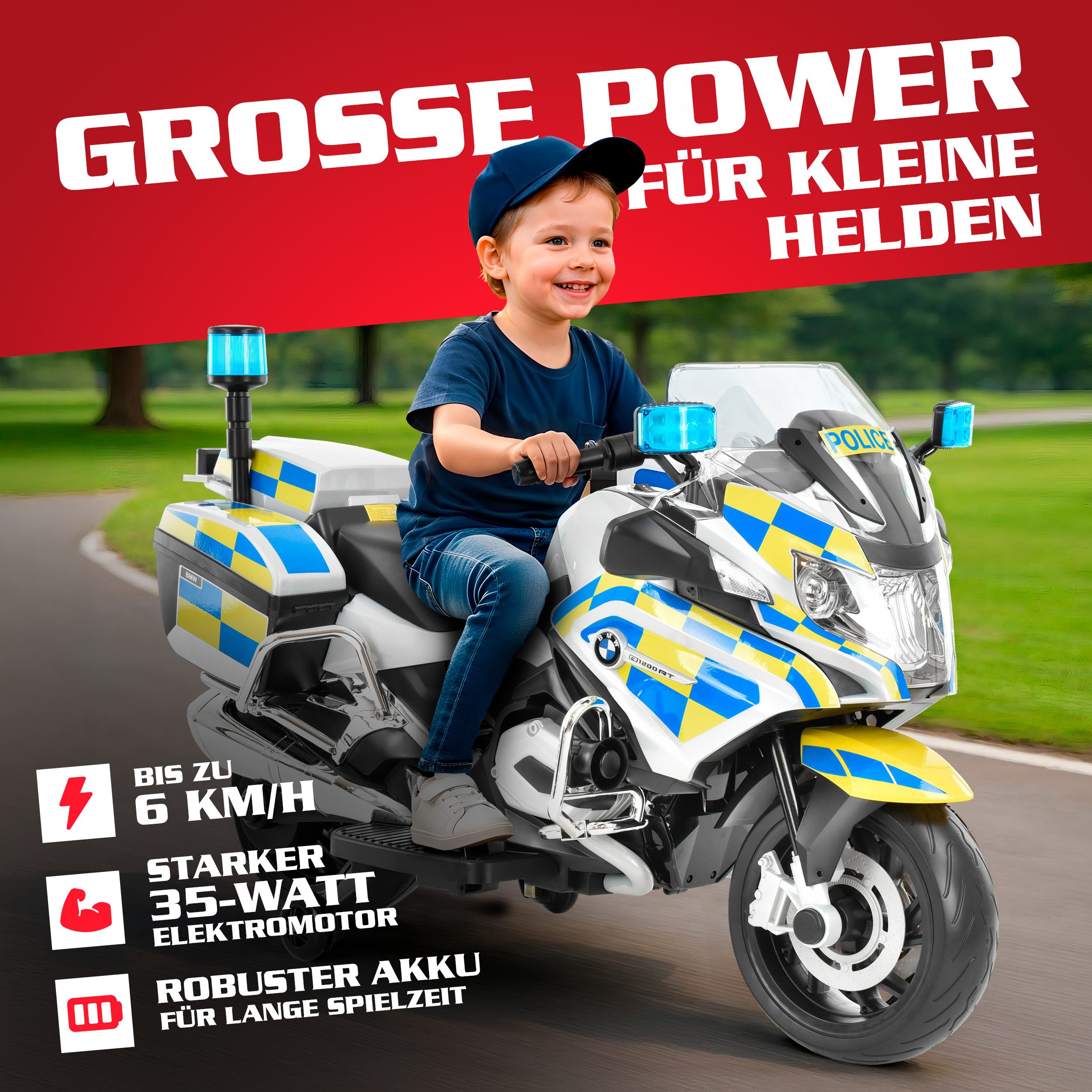Hecht Elektro-Kindermotorrad BMW Police R1200RT mit Sirene und Blaulicht, Belastbarkeit 30 kg, 12V/7Ah Akku, 35W, 3 – 6 km/h