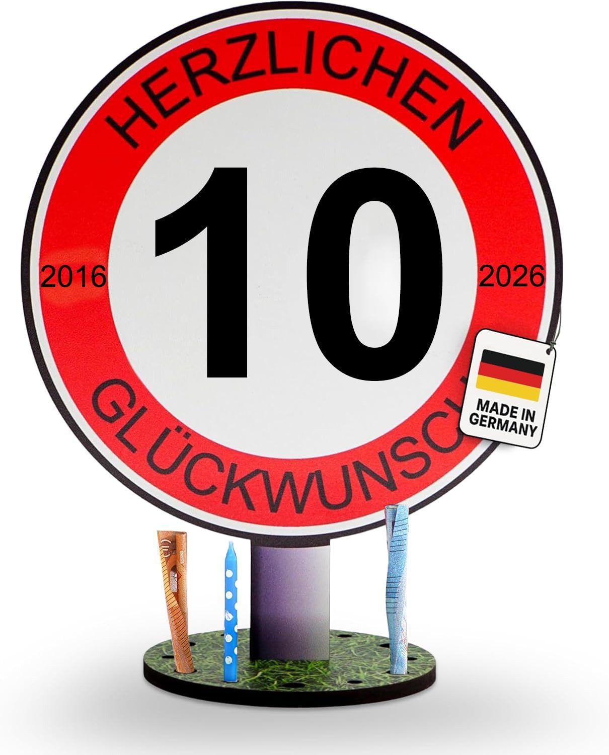 DARO Design Dekoobjekt Geburtstagsschild Verkehrsschild Deko Geschenk mit Standfuß (Dekoration, 10. Geburtstag – 2016–2026), Ø 20 cm (Schildfläche), Holz